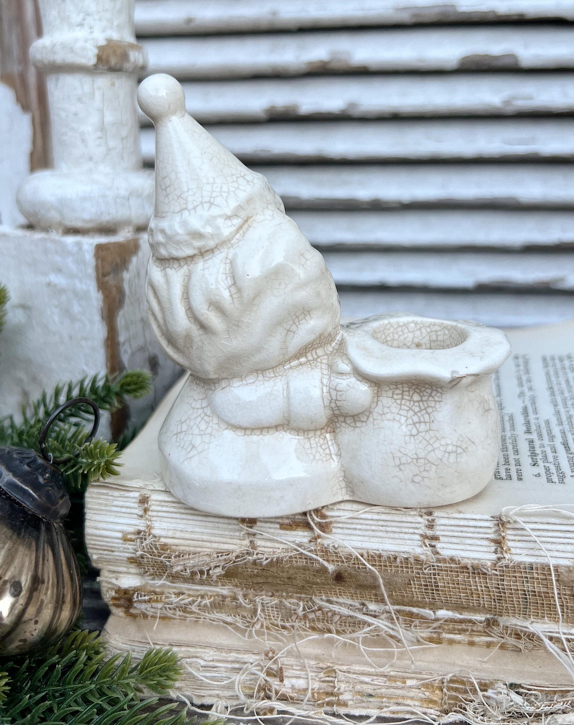 Vintage Ironstone Santa Claus Candle Holder Creamy WHITE Farmhouse Christmas Decor Stained Crazing BRINNS Crazed Stained