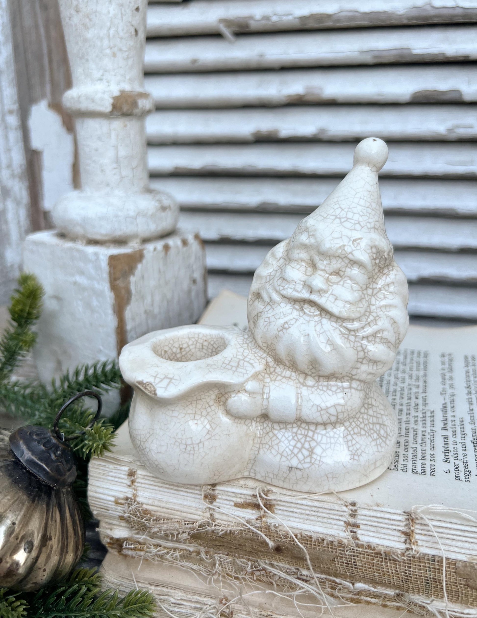 Vintage Ironstone Santa Claus Candle Holder Creamy WHITE Farmhouse Christmas Decor Stained Crazing BRINNS Crazed Stained