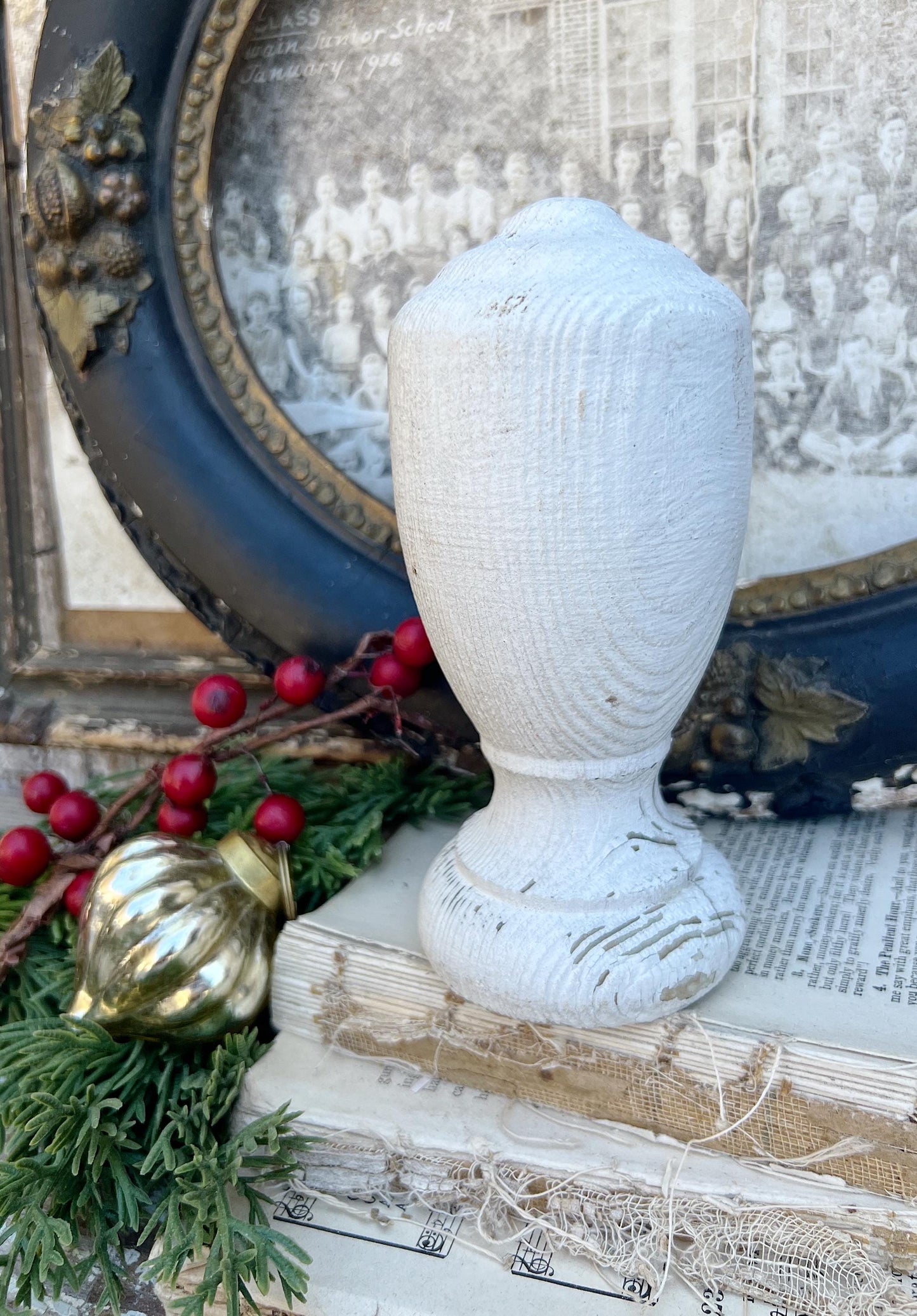 Vintage Chippy White Wood BALL Finial Newell Post Cap Carved Wood