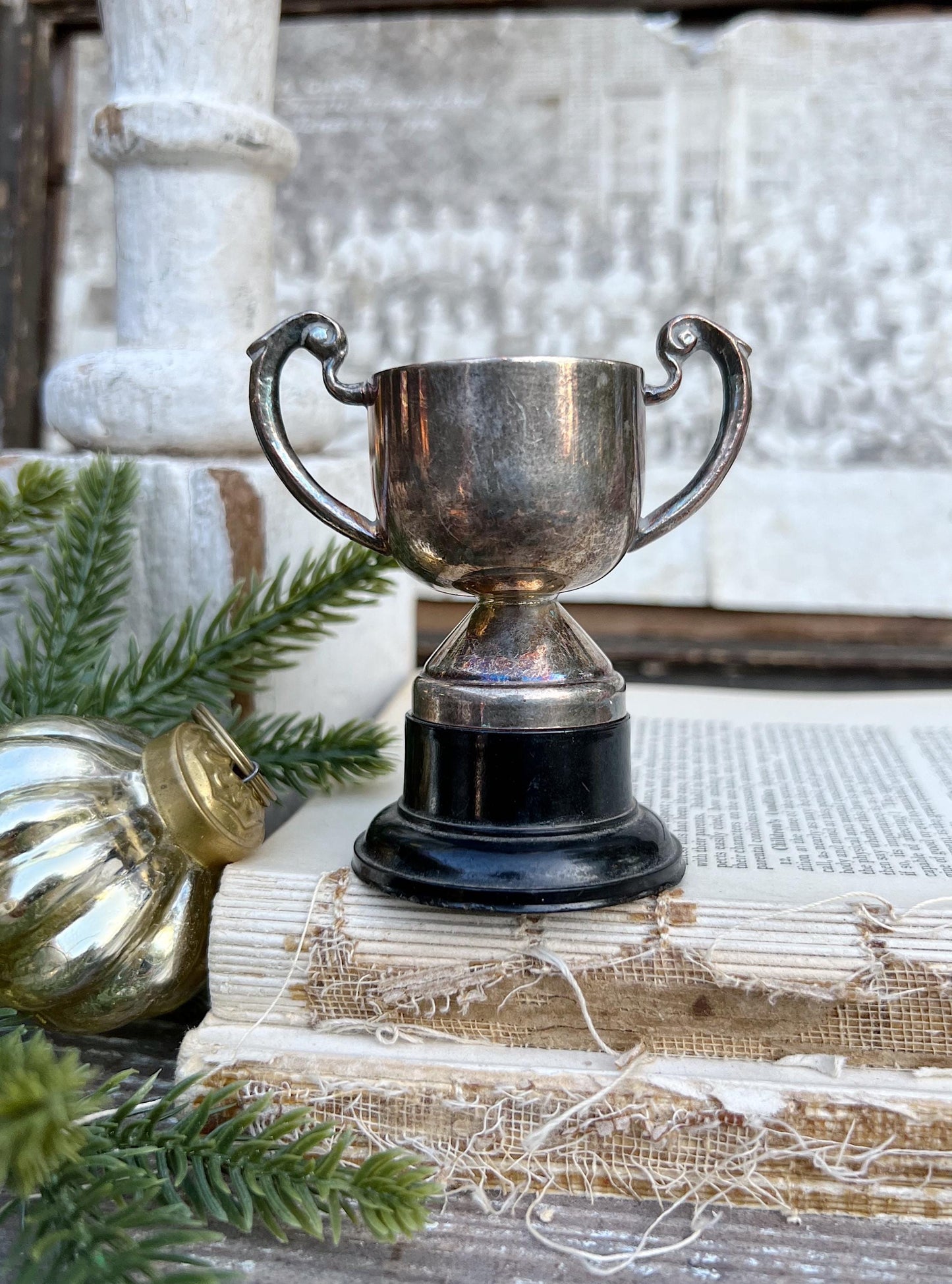 Vintage Loving Cup Trophy SILVER Christmas Tree Farmhouse Decor Industrial Salvage