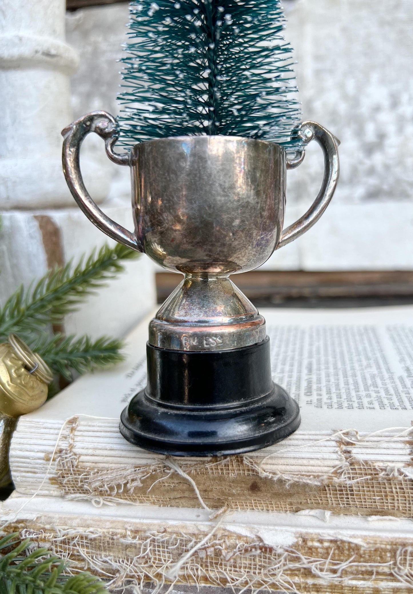 Vintage Loving Cup Trophy SILVER Christmas Tree Farmhouse Decor Industrial Salvage