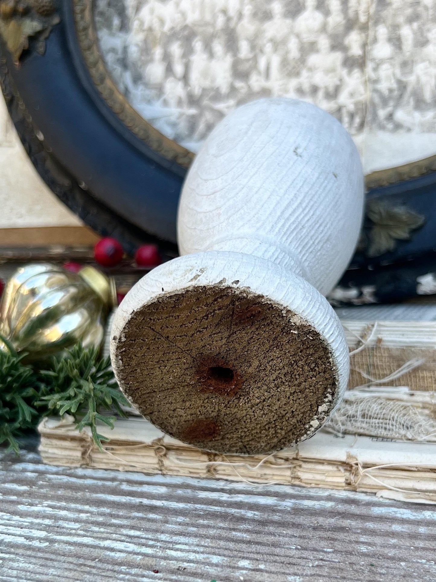 Vintage Chippy White Wood BALL Finial Newell Post Cap Carved Wood