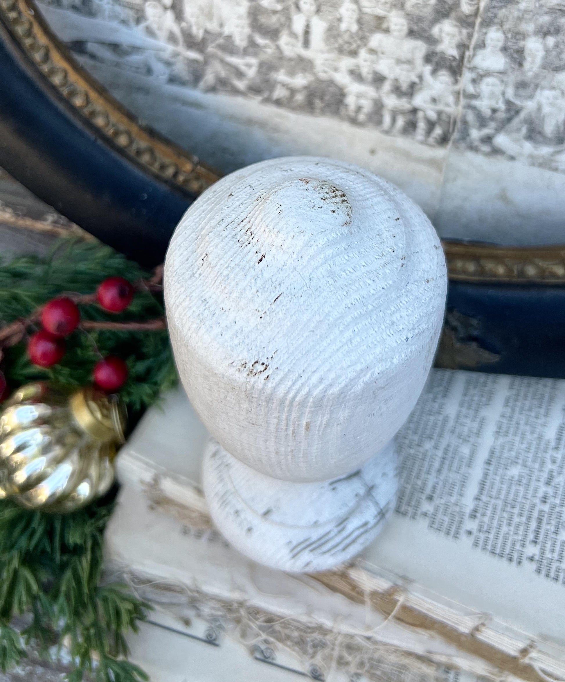 Vintage Chippy White Wood BALL Finial Newell Post Cap Carved Wood