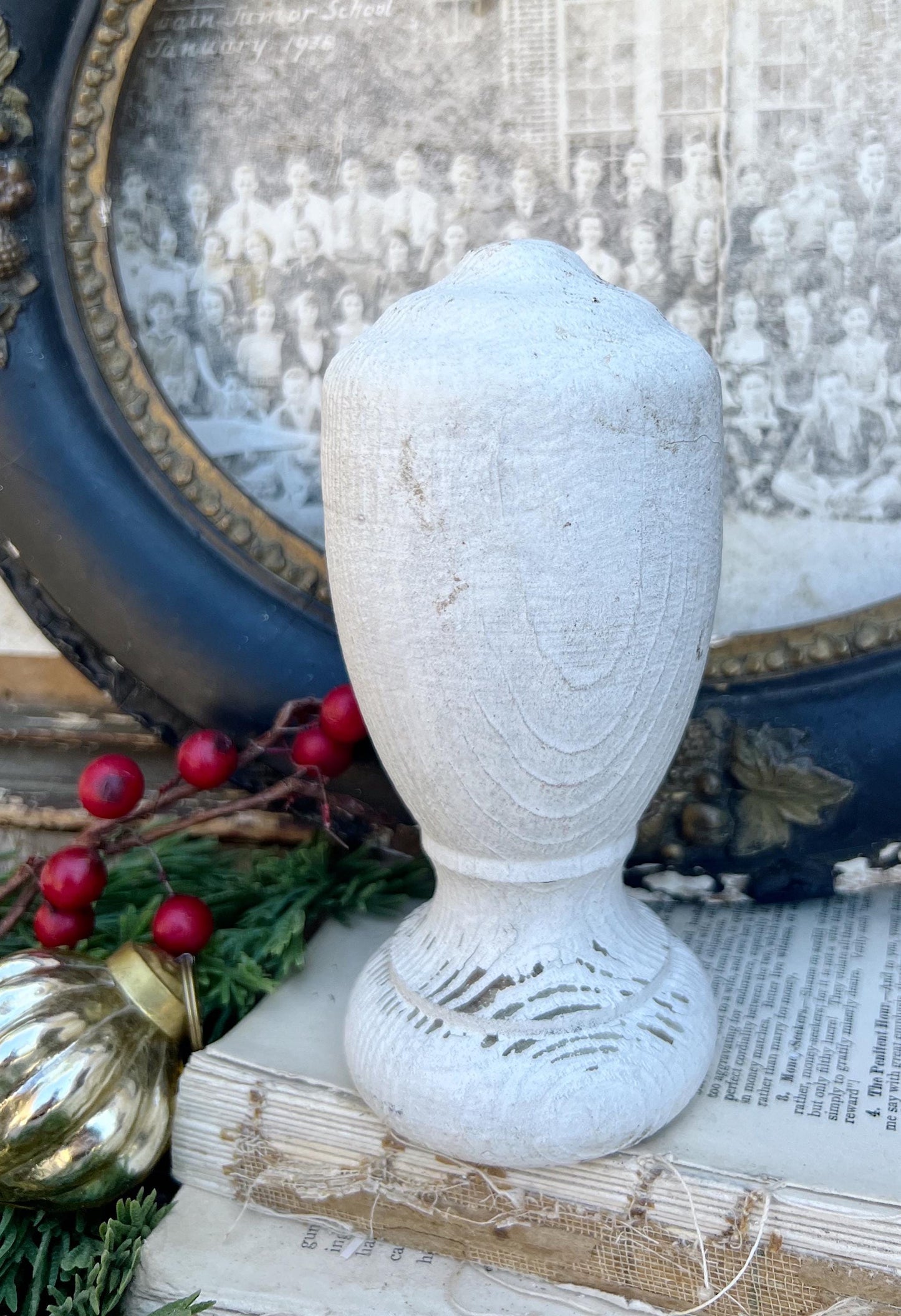 Vintage Chippy White Wood BALL Finial Newell Post Cap Carved Wood