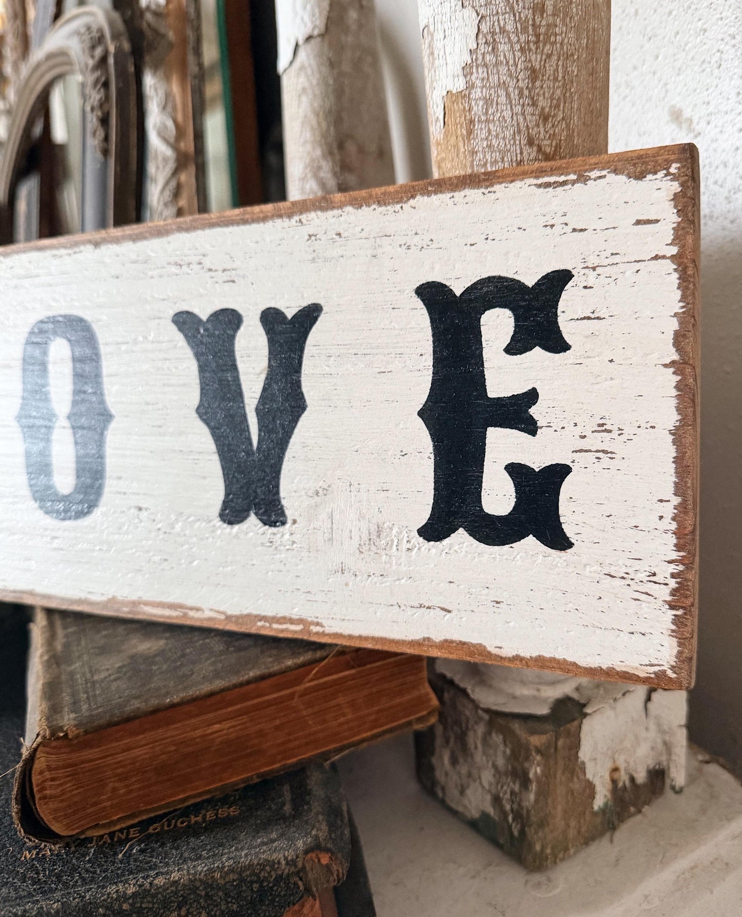 LOVE Farmhouse Decor Sign Painted Salvage Barn Wood Reclaimed Primitive White Chippy Paint Architectural Farmhouse Primitive Decor Valentine