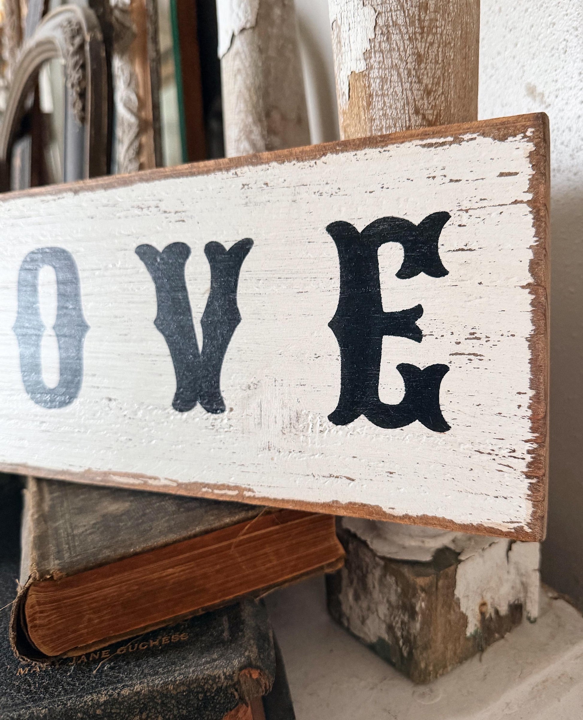 LOVE Farmhouse Decor Sign Painted Salvage Barn Wood Reclaimed Primitive White Chippy Paint Architectural Farmhouse Primitive Decor Valentine