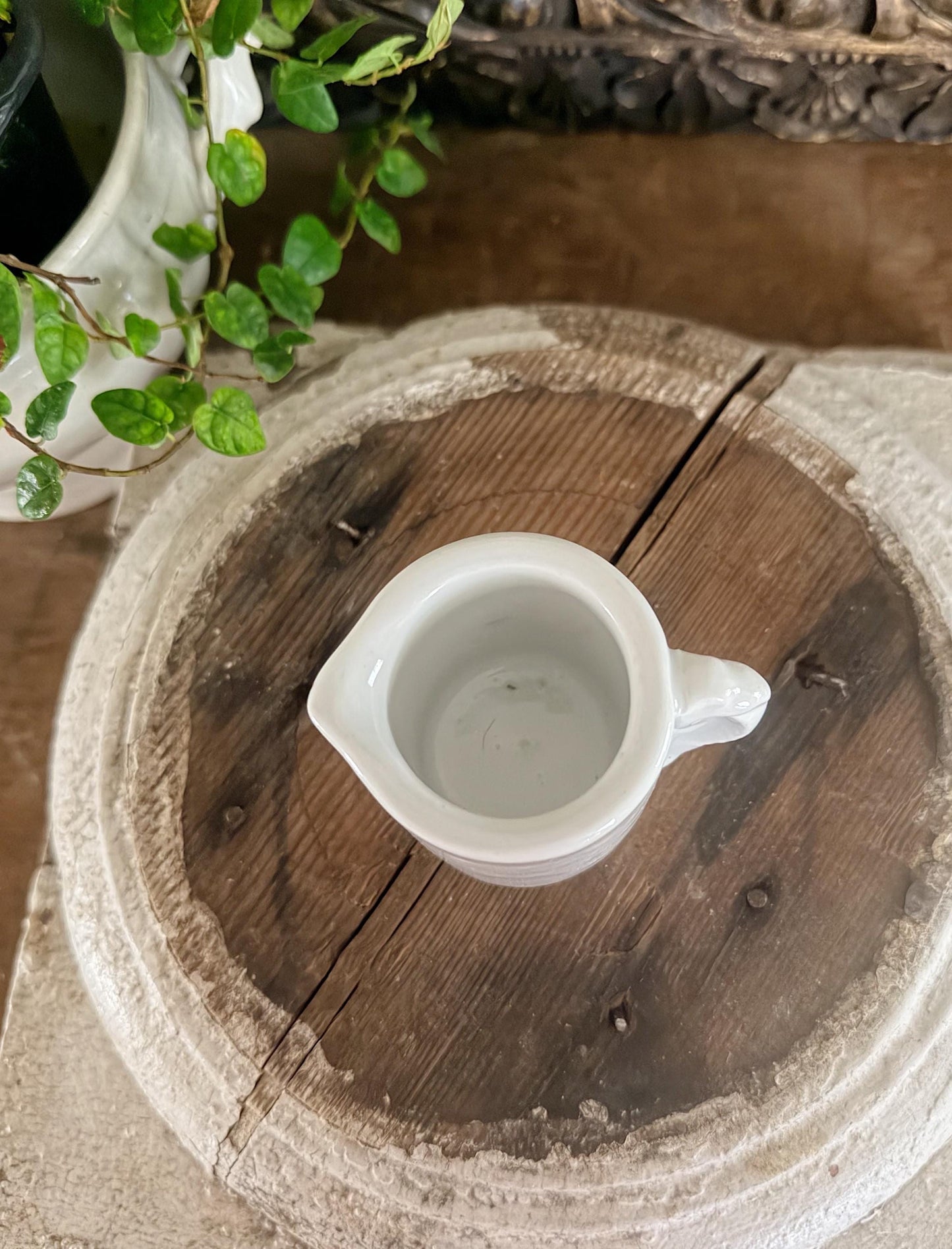 Antique ELEPHANT EAR CREAMER White Chunky Ironstone Thick Syrup Pitcher Restaurant Ware Farmhouse Decor