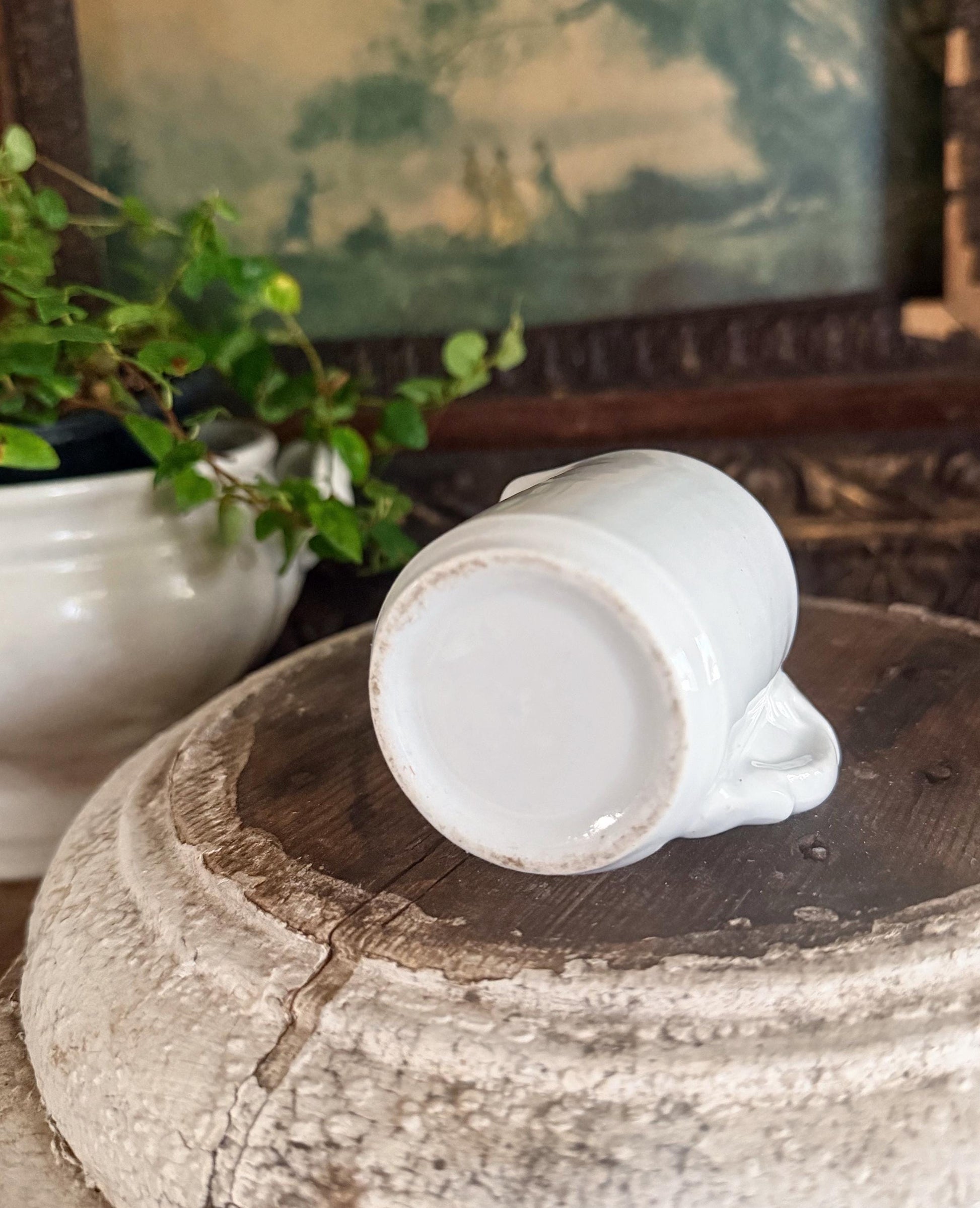 Antique ELEPHANT EAR CREAMER White Chunky Ironstone Thick Syrup Pitcher Restaurant Ware Farmhouse Decor