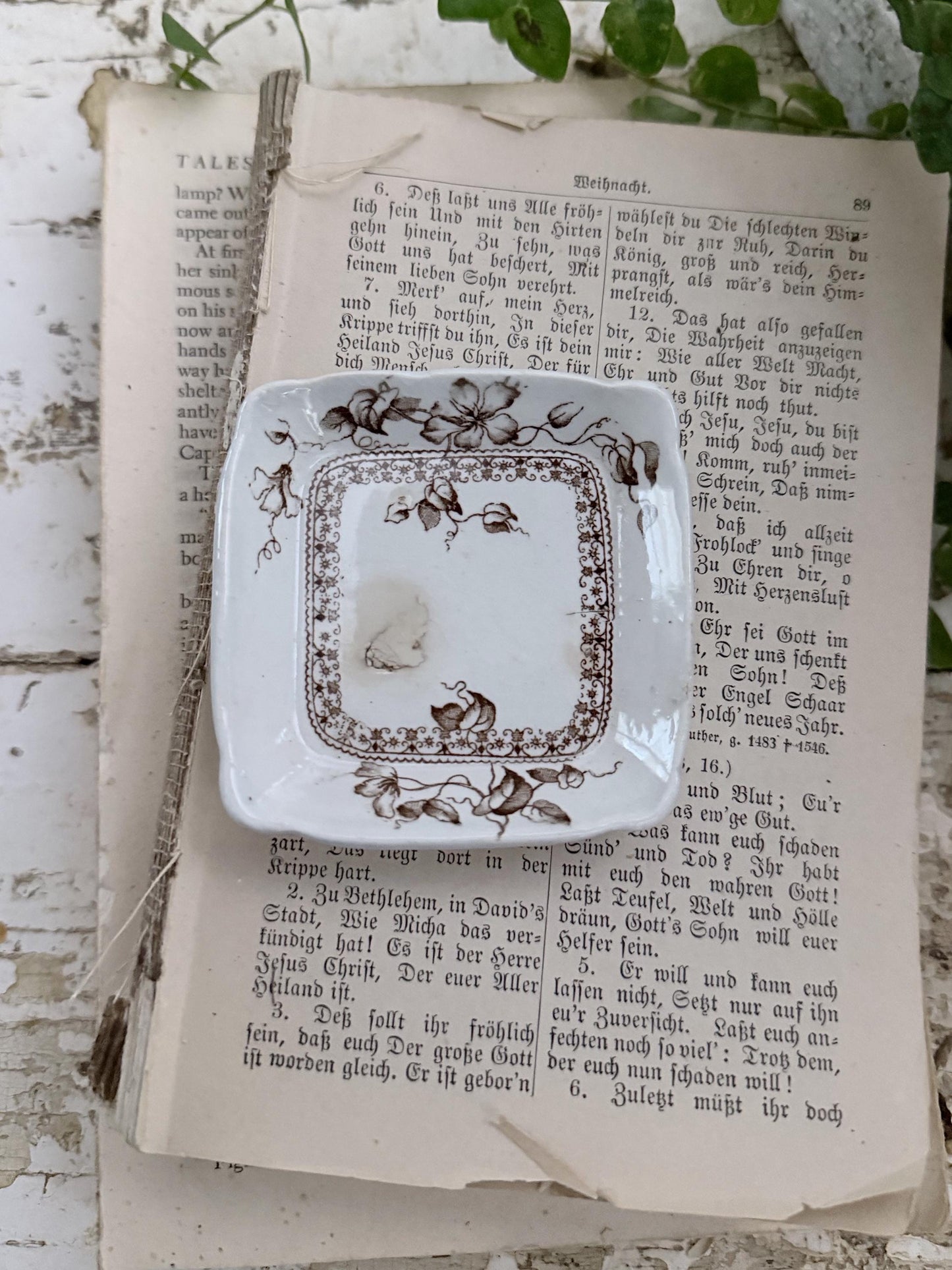 Antique SQUARE White Ironstone Butter Pat BROWN Transferware Floral Farmhouse Decor KENT