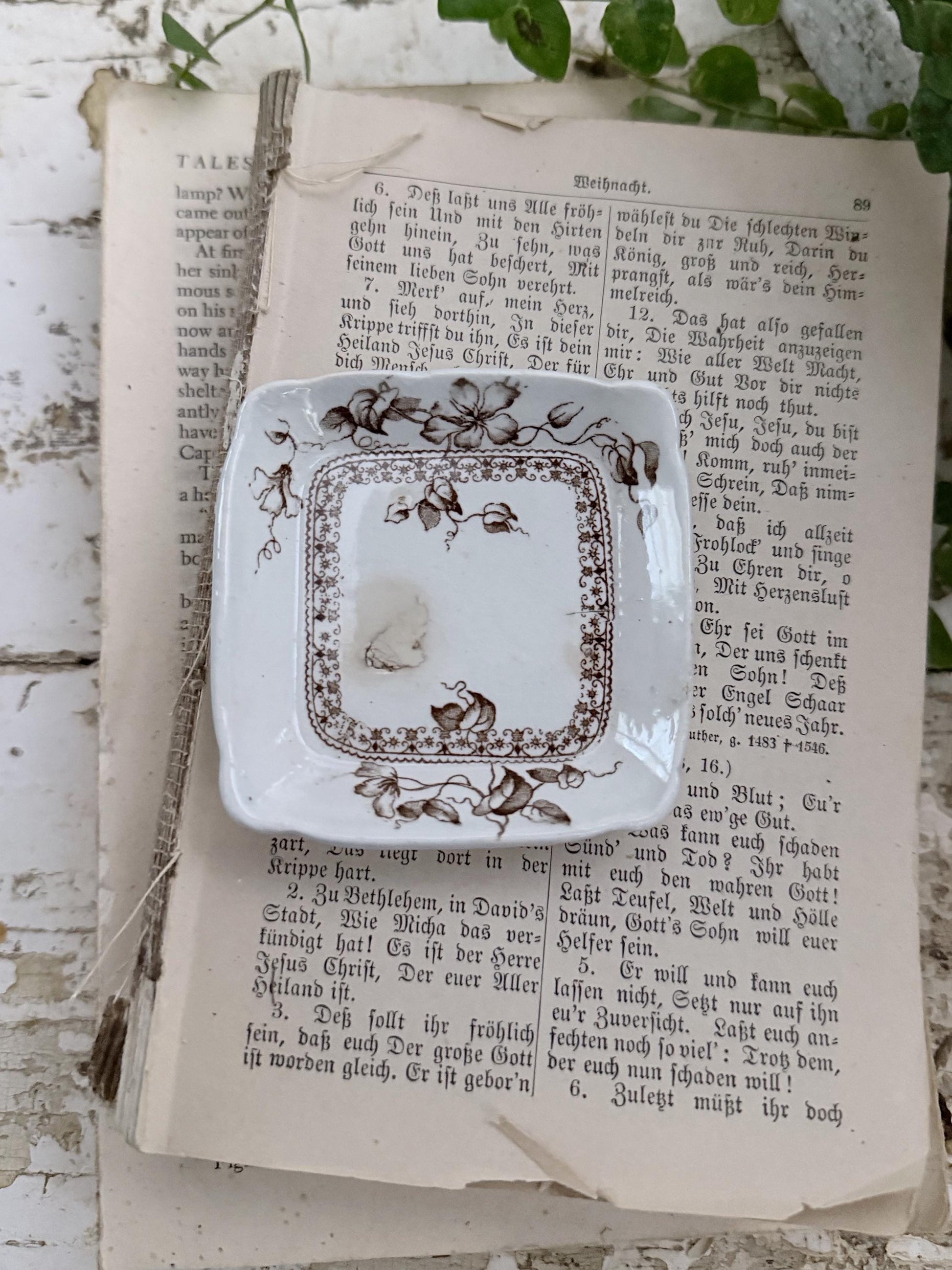 Antique SQUARE White Ironstone Butter Pat BROWN Transferware Floral Farmhouse Decor KENT