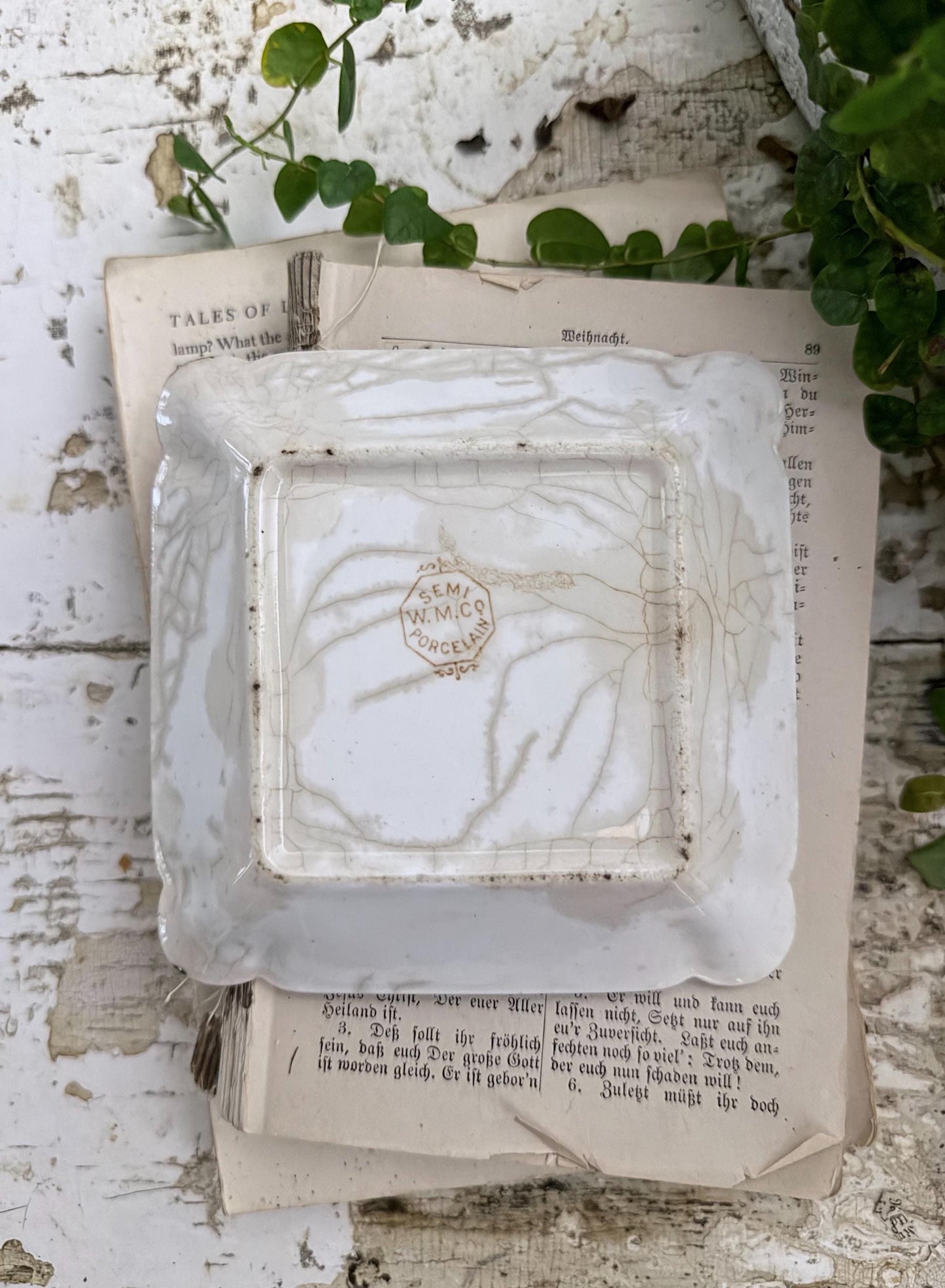 Antique White Ironstone Square PLATE Soap Side Dish Farmhouse Decor Crazed Stained LARGE