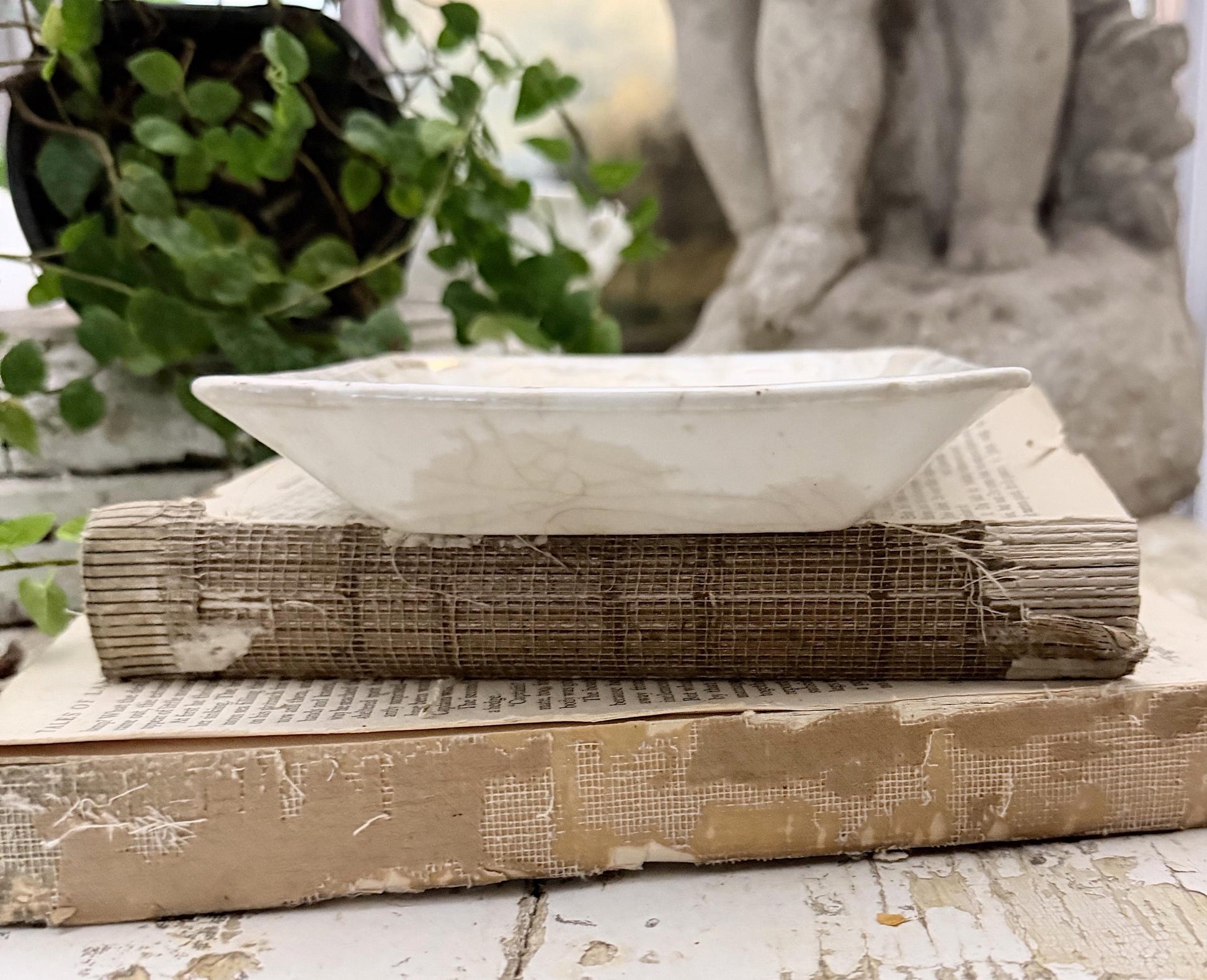 Antique White Ironstone Square PLATE Soap Side Dish Farmhouse Decor Crazed Stained LARGE