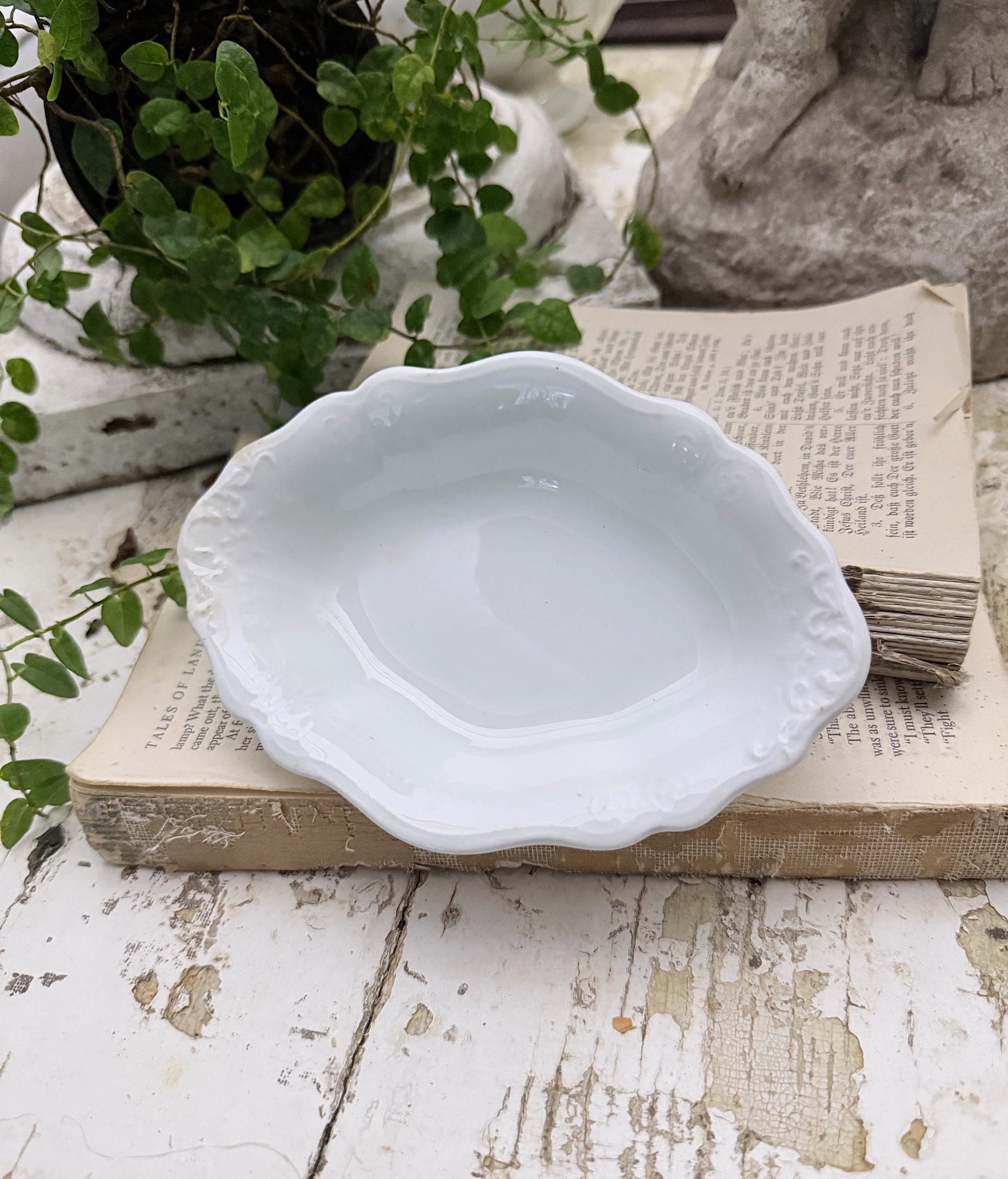 Antique White Ironstone Soap Dish Oval Scallop Rectangle Farmhouse Decor England GRINDLEY