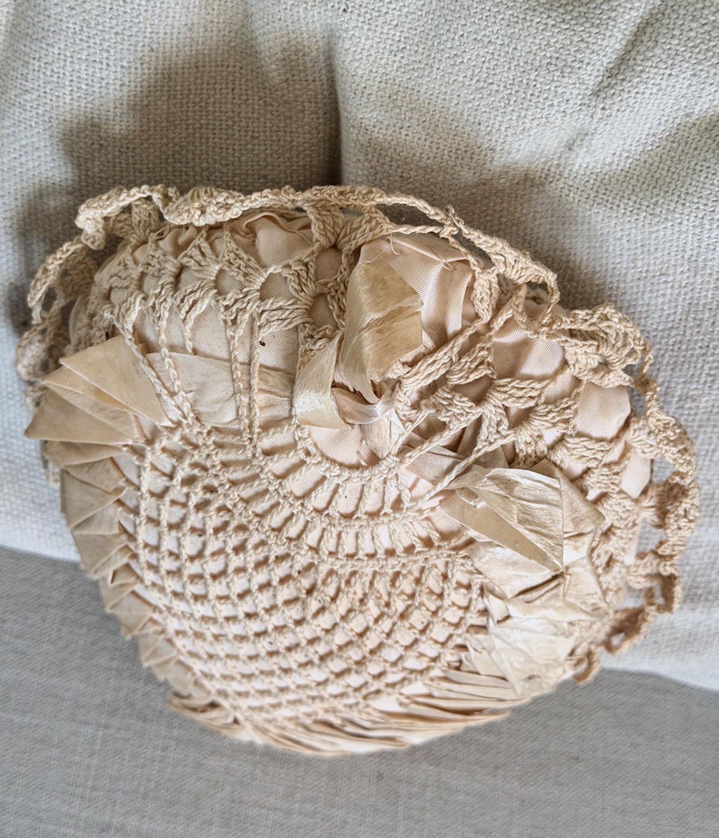 Antique Pillow Crochet Ribbon HEART Primitive Decor Shabby Chic Victorian Sachet