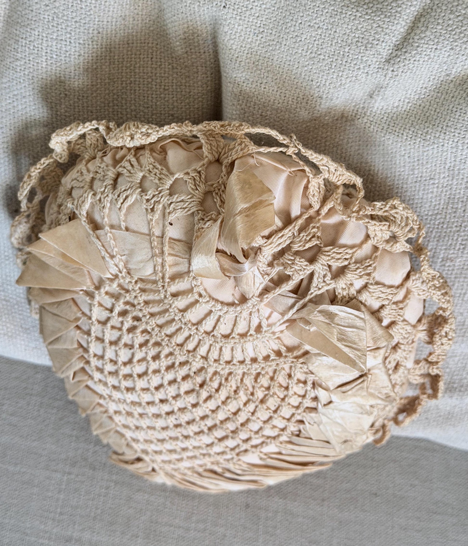 Antique Pillow Crochet Ribbon HEART Primitive Decor Shabby Chic Victorian Sachet