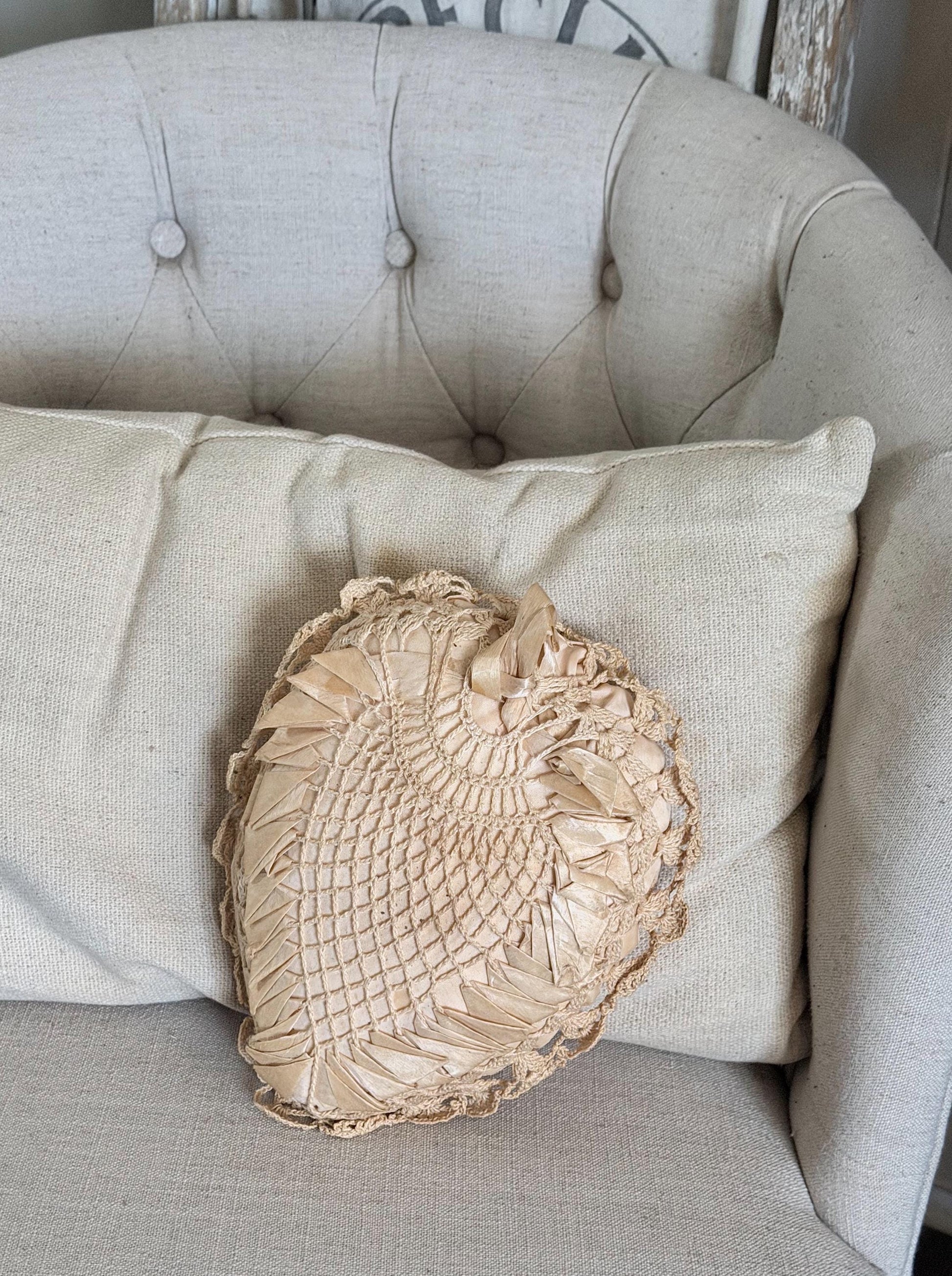 Antique Pillow Crochet Ribbon HEART Primitive Decor Shabby Chic Victorian Sachet