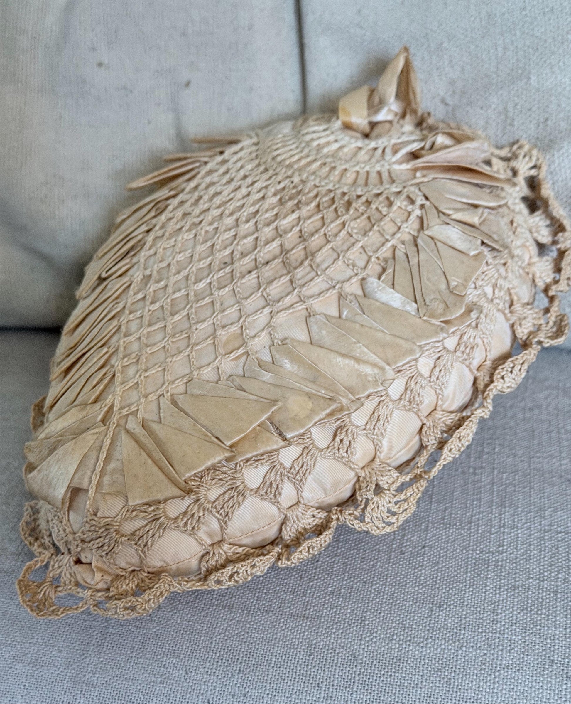 Antique Pillow Crochet Ribbon HEART Primitive Decor Shabby Chic Victorian Sachet