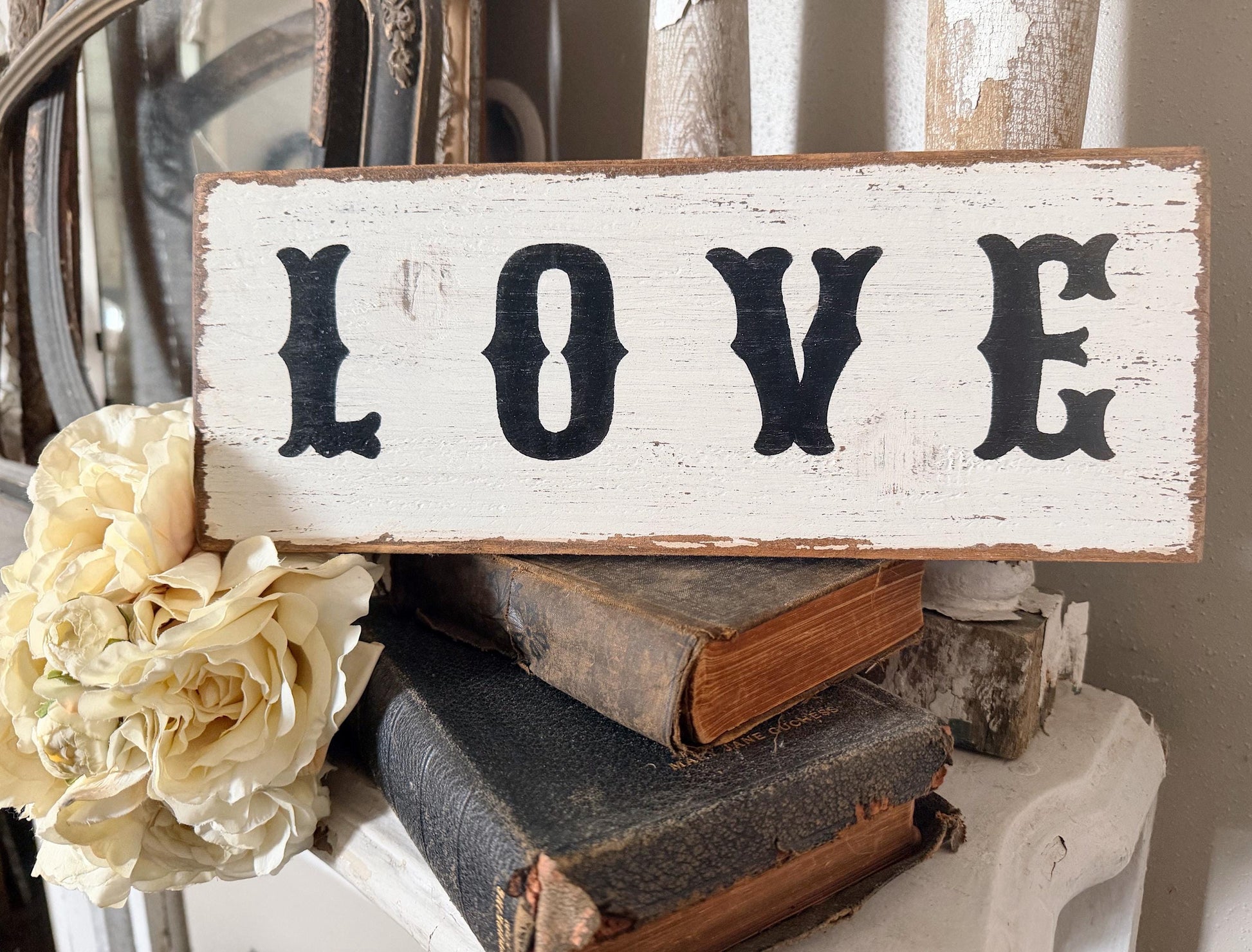LOVE Farmhouse Decor Sign Painted Salvage Barn Wood Reclaimed Primitive White Chippy Paint Architectural Farmhouse Primitive Decor Valentine
