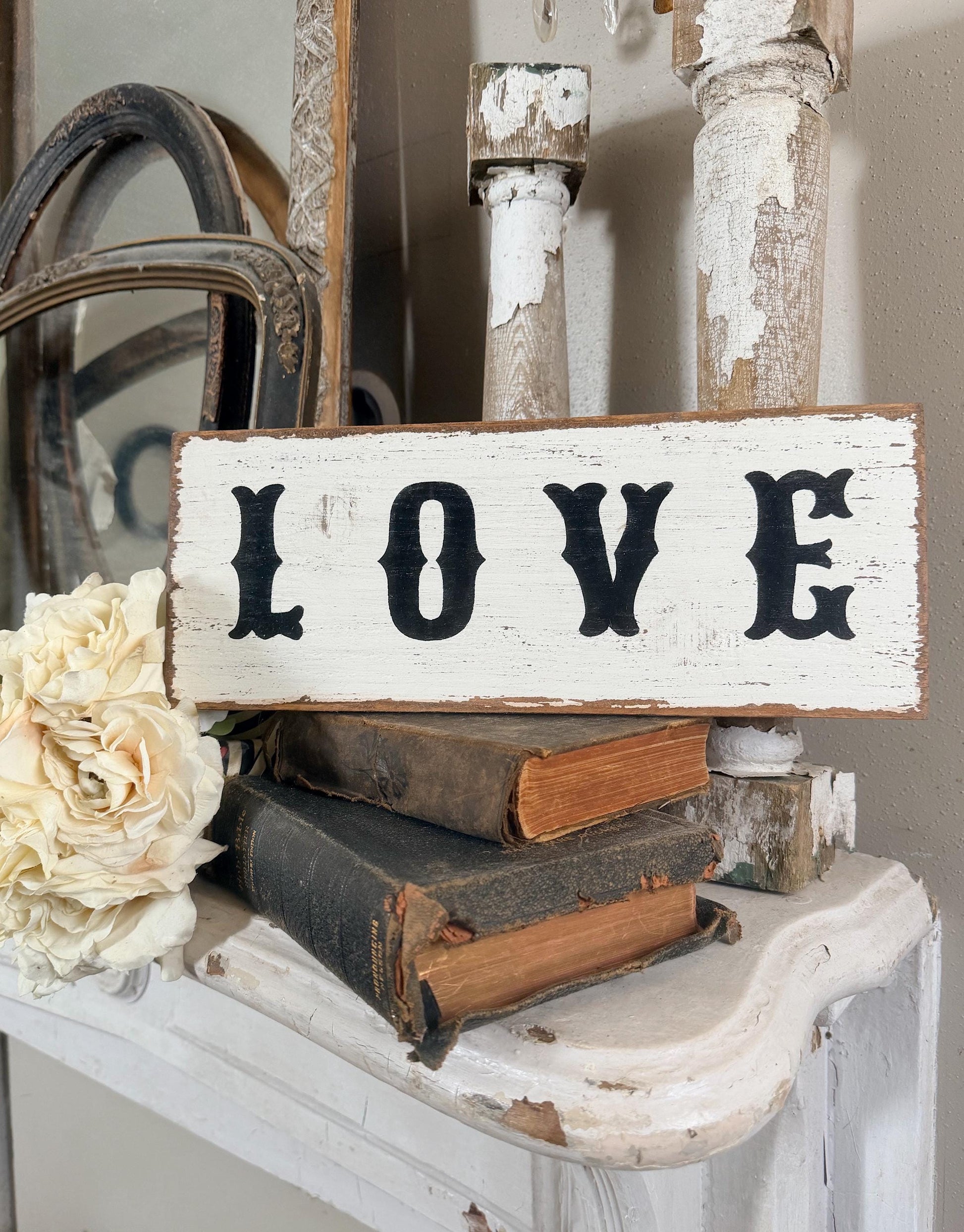 LOVE Farmhouse Decor Sign Painted Salvage Barn Wood Reclaimed Primitive White Chippy Paint Architectural Farmhouse Primitive Decor Valentine