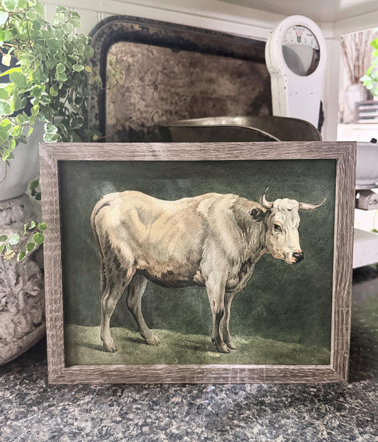 White BULL Cow Vintage Watercolor Print Sign Wood Frame Primitive Decor Ranch Farm