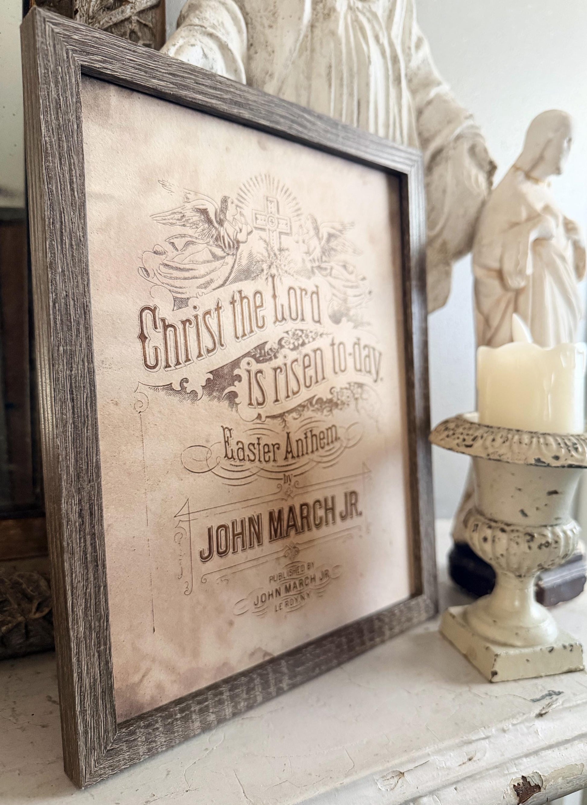 Christ The Lord Is Risen Today EASTER Wood Sign FRAMED Vintage Farmhouse Wall Art Print Sheet Music Book Page