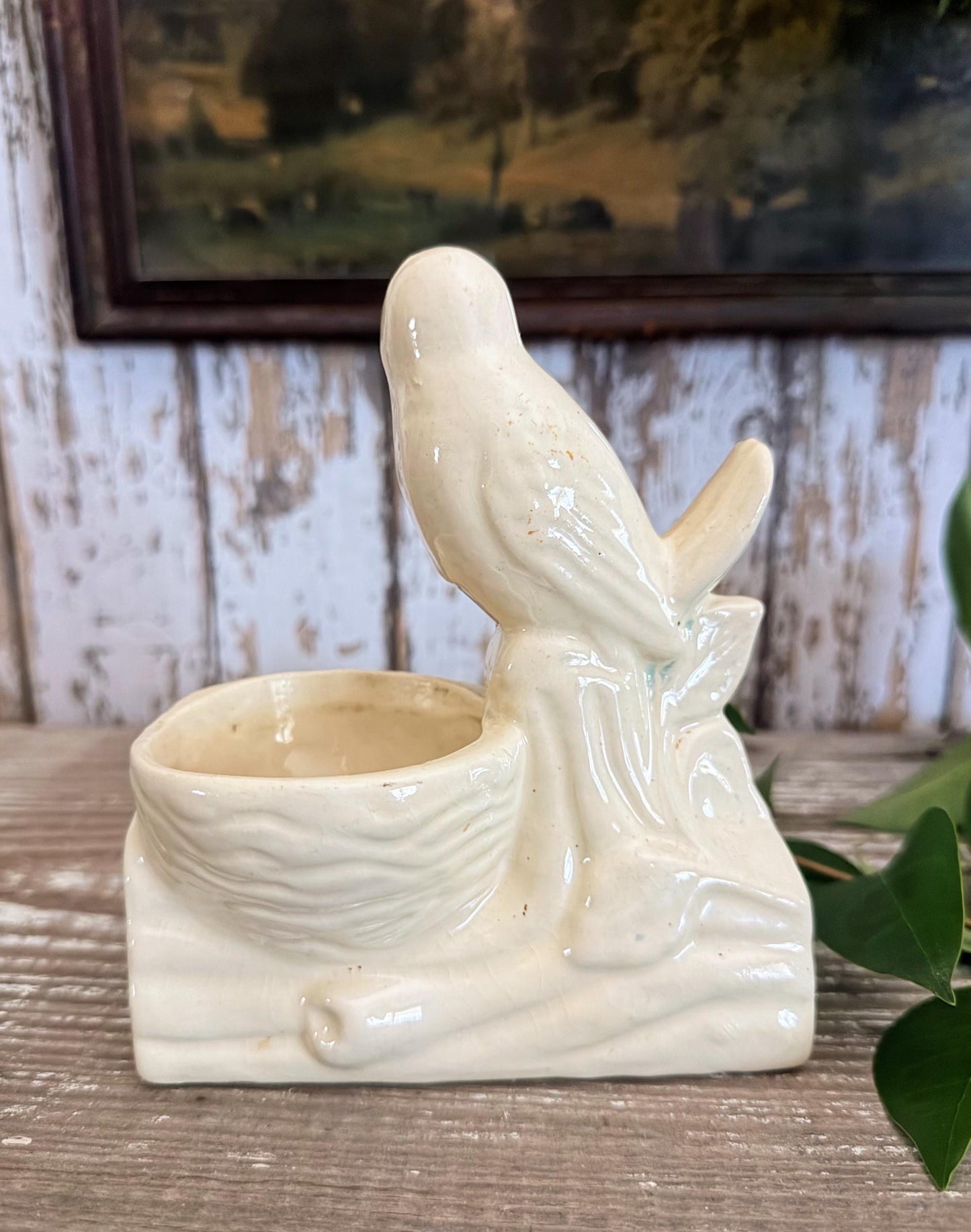Antique Ironstone BIRD PLANTER Bowl Vase Farmhouse Primitive Decor SHAWNEE Crazed Stained