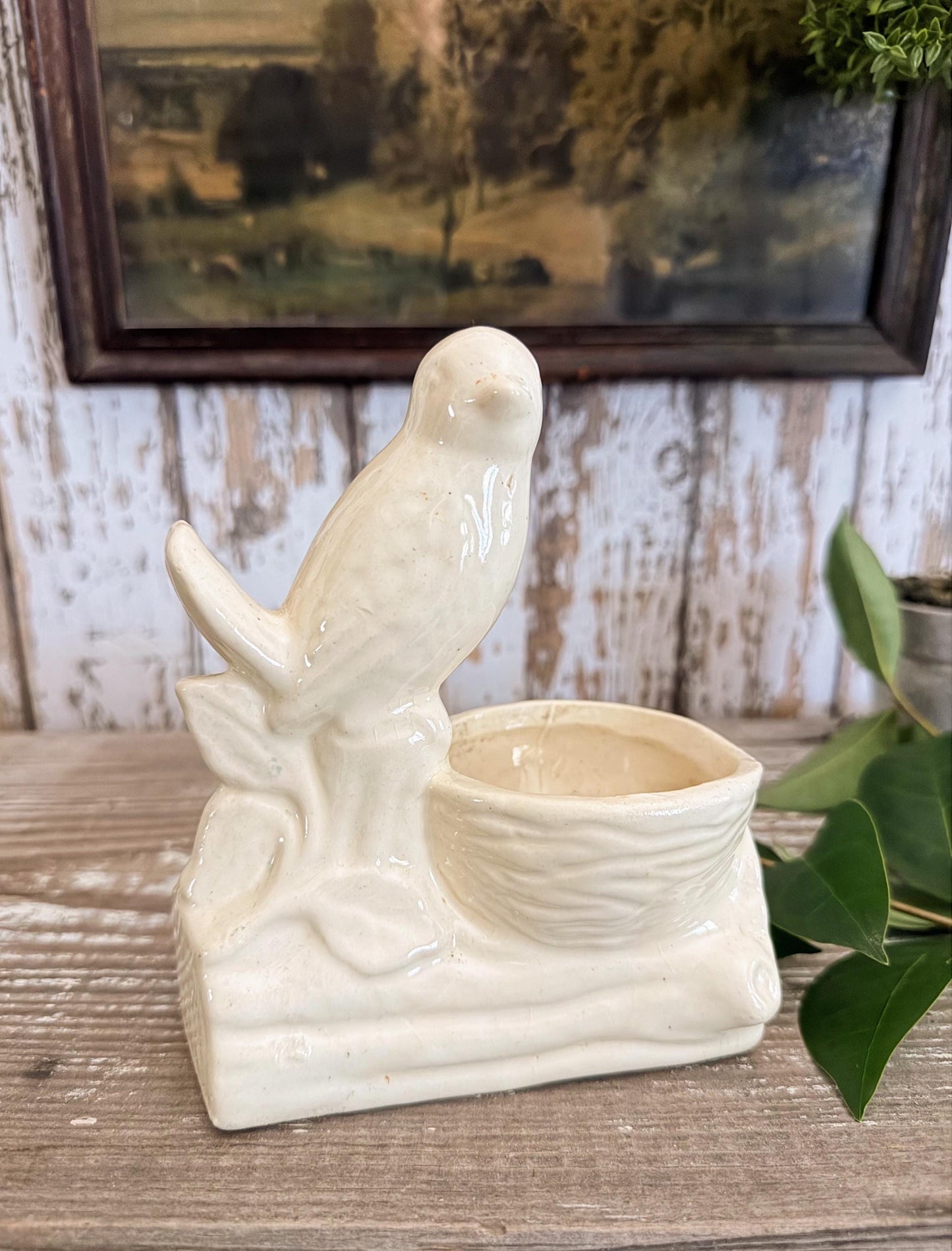 Antique Ironstone BIRD PLANTER Bowl Vase Farmhouse Primitive Decor SHAWNEE Crazed Stained