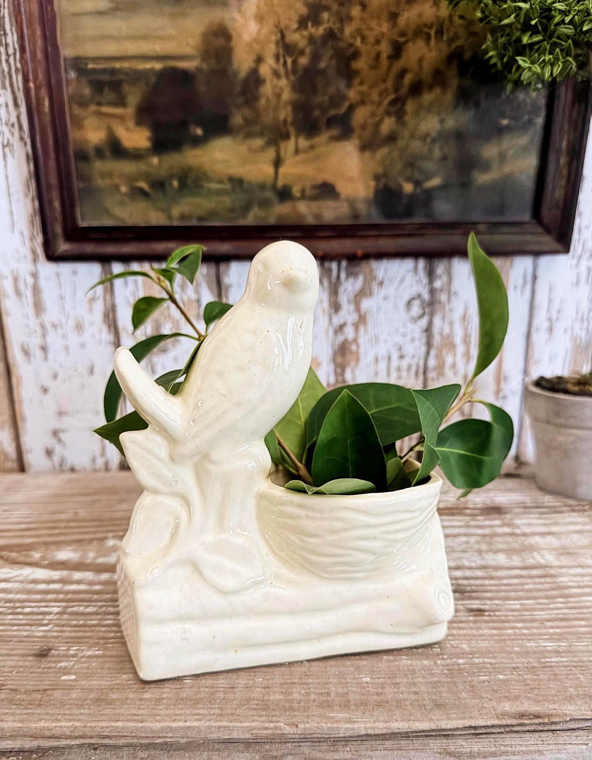 Antique Ironstone BIRD PLANTER Bowl Vase Farmhouse Primitive Decor SHAWNEE Crazed Stained