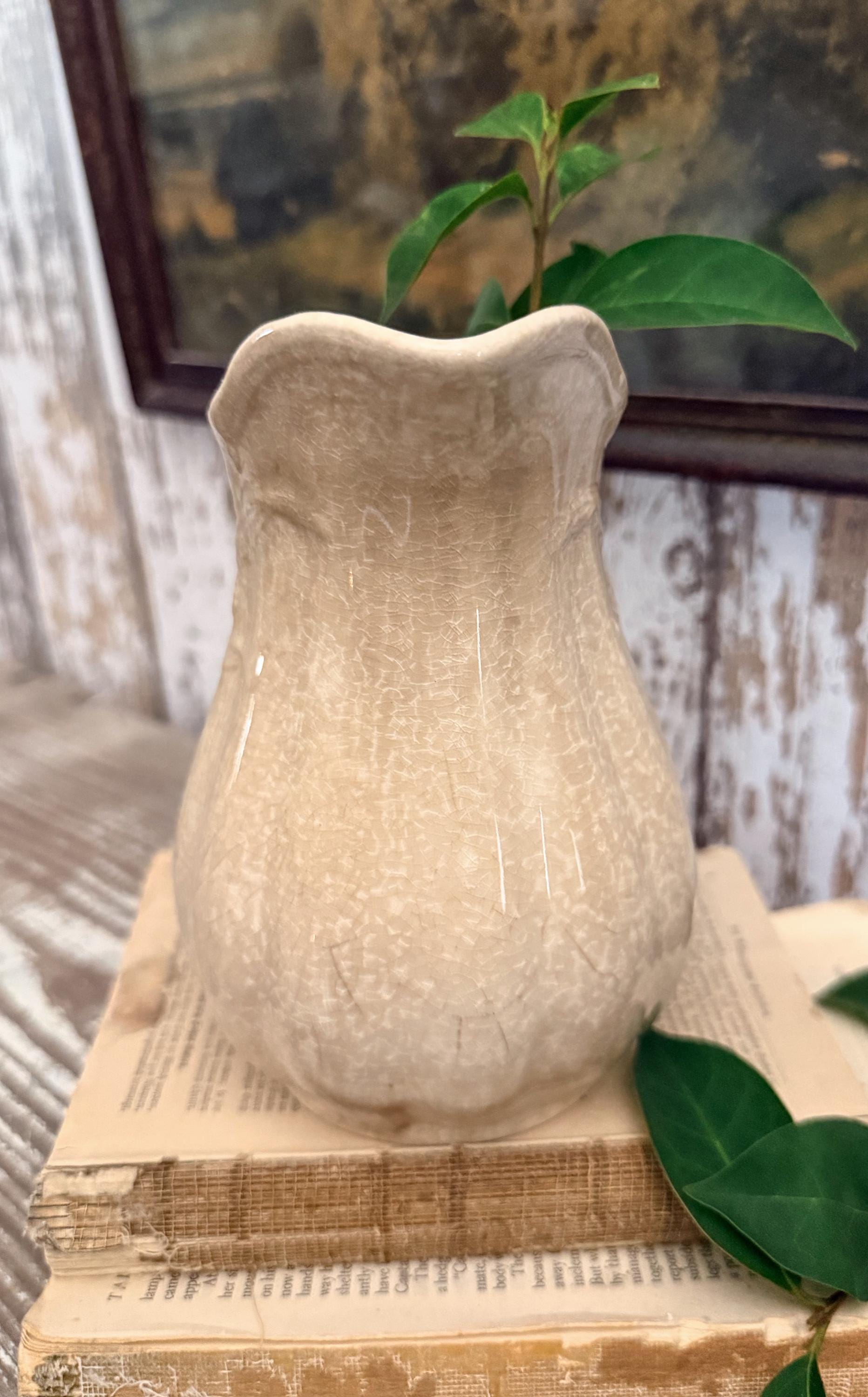 Antique White Ironstone PITCHER Jug Creamy White Farmhouse Decor Grungy Crazing Crazed Stained Arthur Wood England Royal