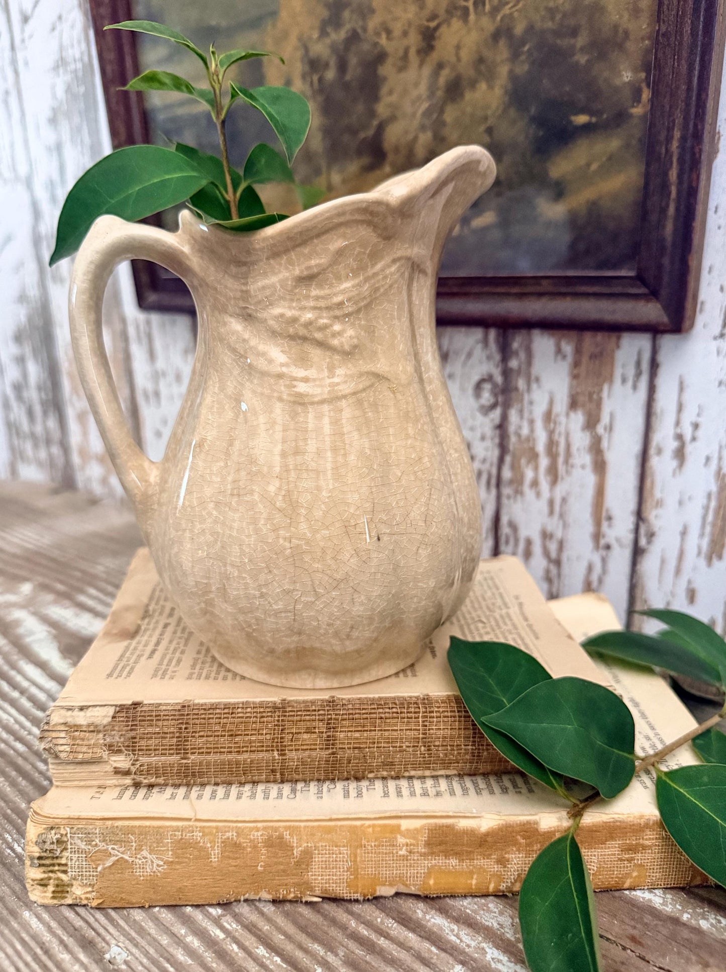 Antique White Ironstone PITCHER Jug Creamy White Farmhouse Decor Grungy Crazing Crazed Stained Arthur Wood England Royal
