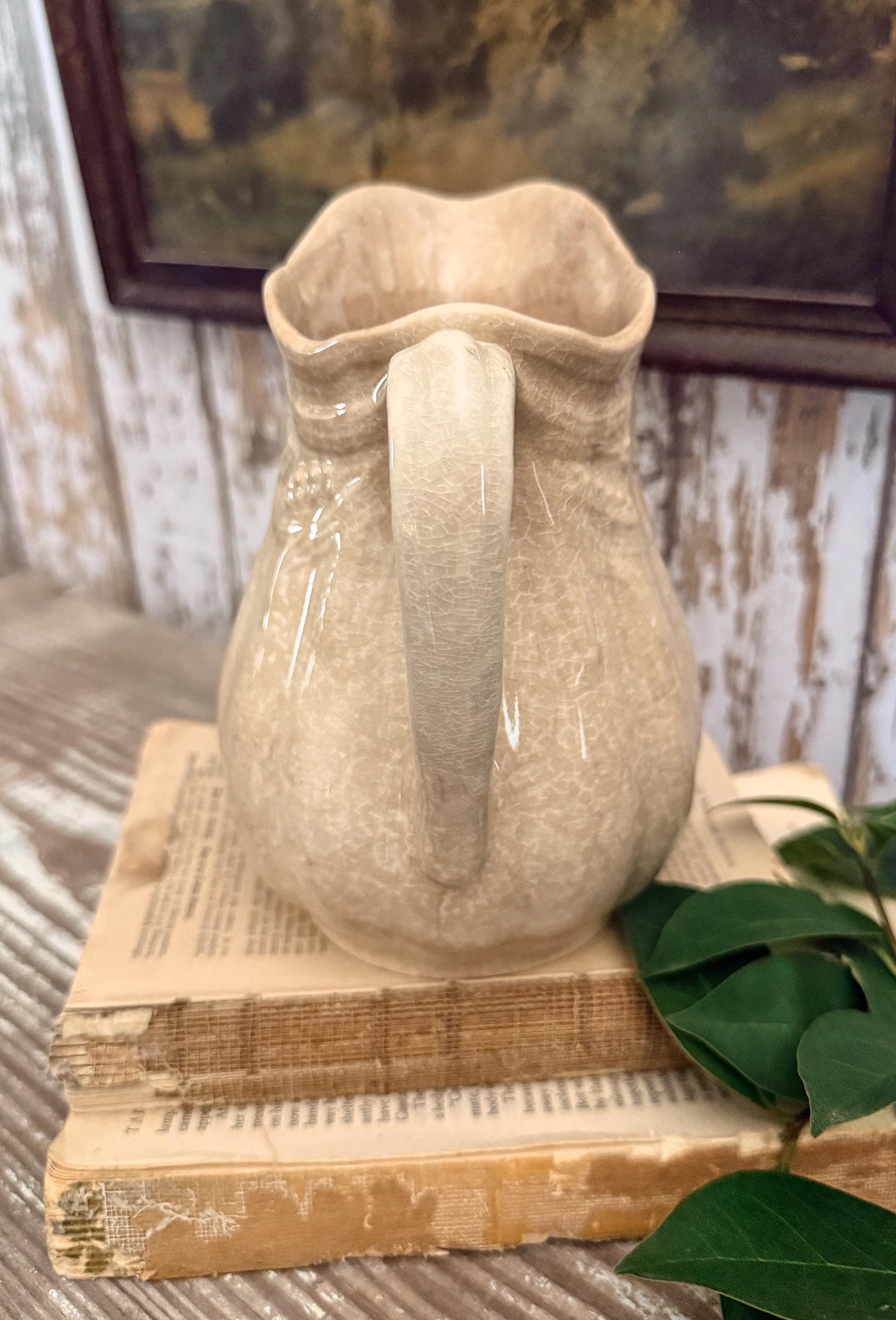 Antique White Ironstone PITCHER Jug Creamy White Farmhouse Decor Grungy Crazing Crazed Stained Arthur Wood England Royal