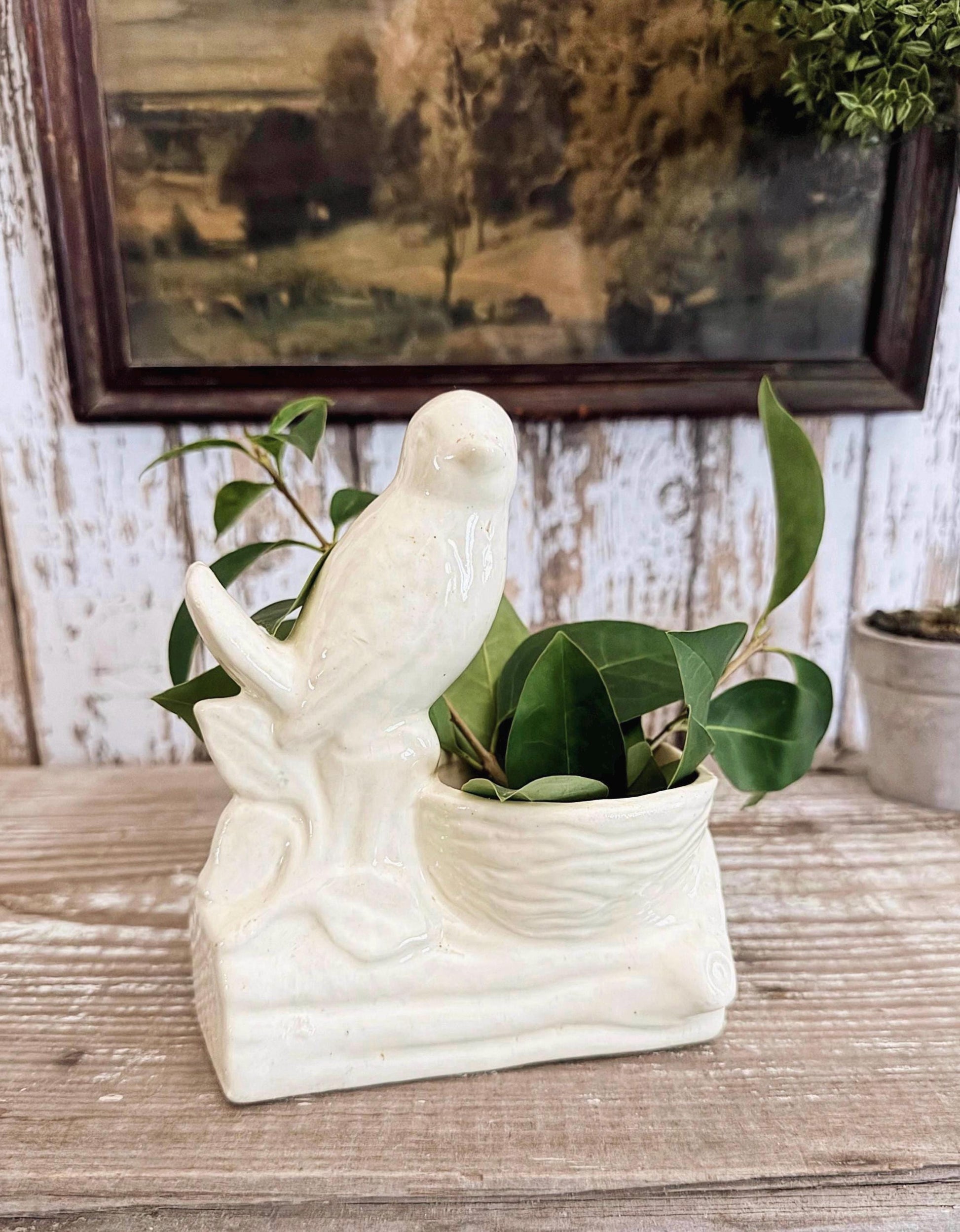 Antique Ironstone BIRD PLANTER Bowl Vase Farmhouse Primitive Decor SHAWNEE Crazed Stained