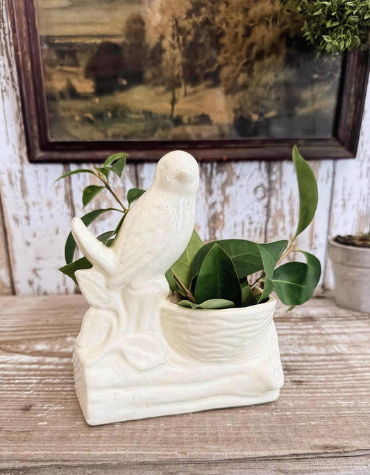 Antique Ironstone BIRD PLANTER Bowl Vase Farmhouse Primitive Decor SHAWNEE Crazed Stained