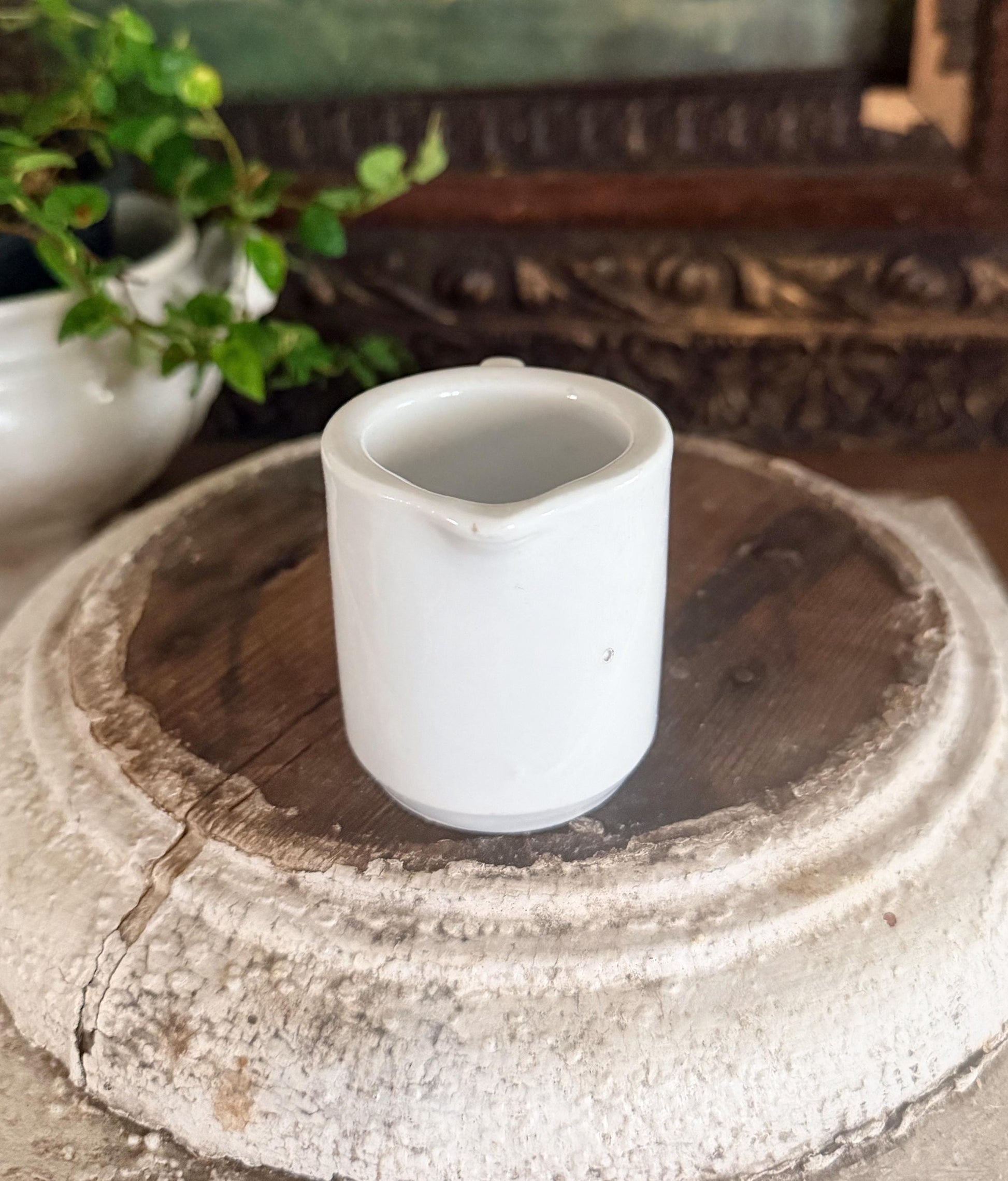 Antique ELEPHANT EAR CREAMER White Chunky Ironstone Thick Syrup Pitcher Restaurant Ware Farmhouse Decor