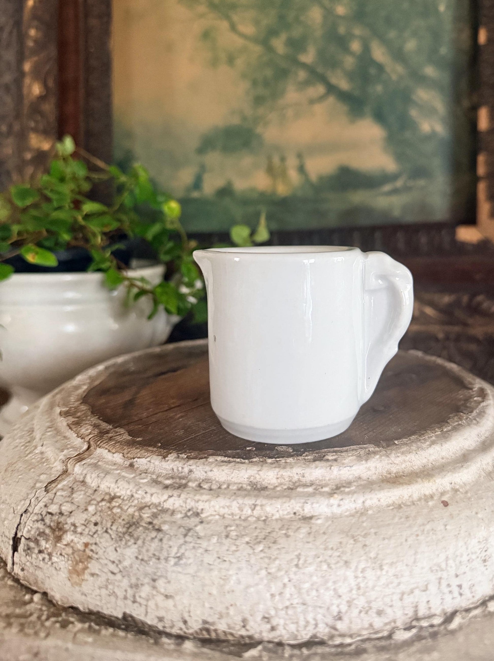 Antique ELEPHANT EAR CREAMER White Chunky Ironstone Thick Syrup Pitcher Restaurant Ware Farmhouse Decor