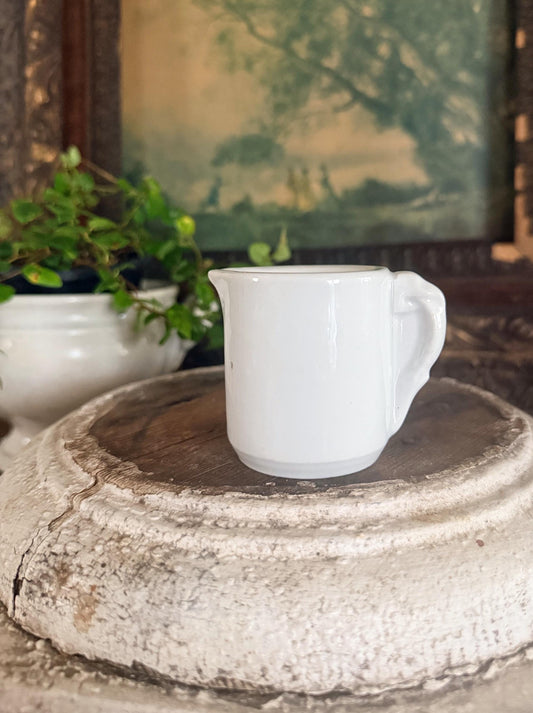 Antique ELEPHANT EAR CREAMER White Chunky Ironstone Thick Syrup Pitcher Restaurant Ware Farmhouse Decor