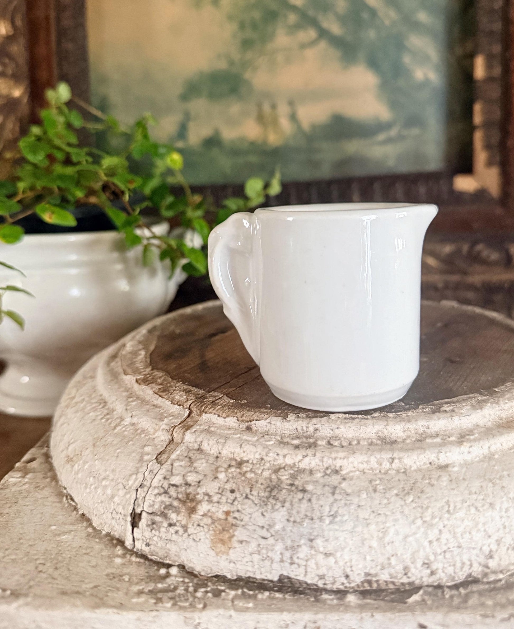 Antique ELEPHANT EAR CREAMER White Chunky Ironstone Thick Syrup Pitcher Restaurant Ware Farmhouse Decor