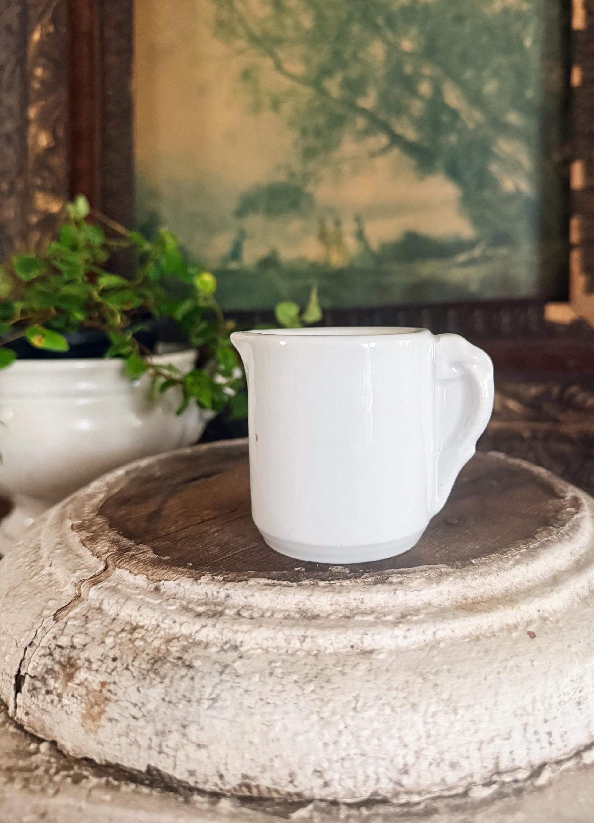 Antique ELEPHANT EAR CREAMER White Chunky Ironstone Thick Syrup Pitcher Restaurant Ware Farmhouse Decor