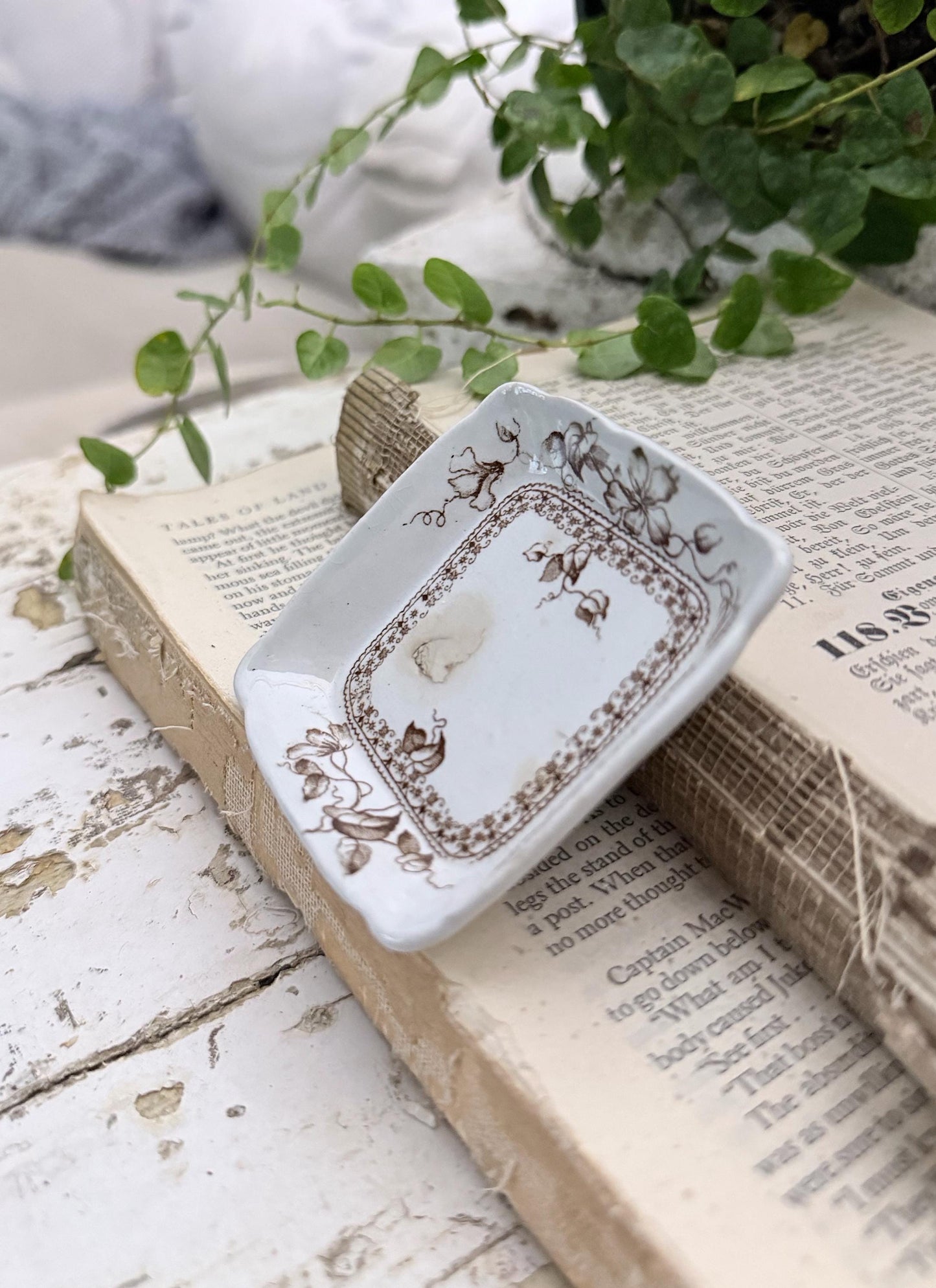 Antique SQUARE White Ironstone Butter Pat BROWN Transferware Floral Farmhouse Decor KENT