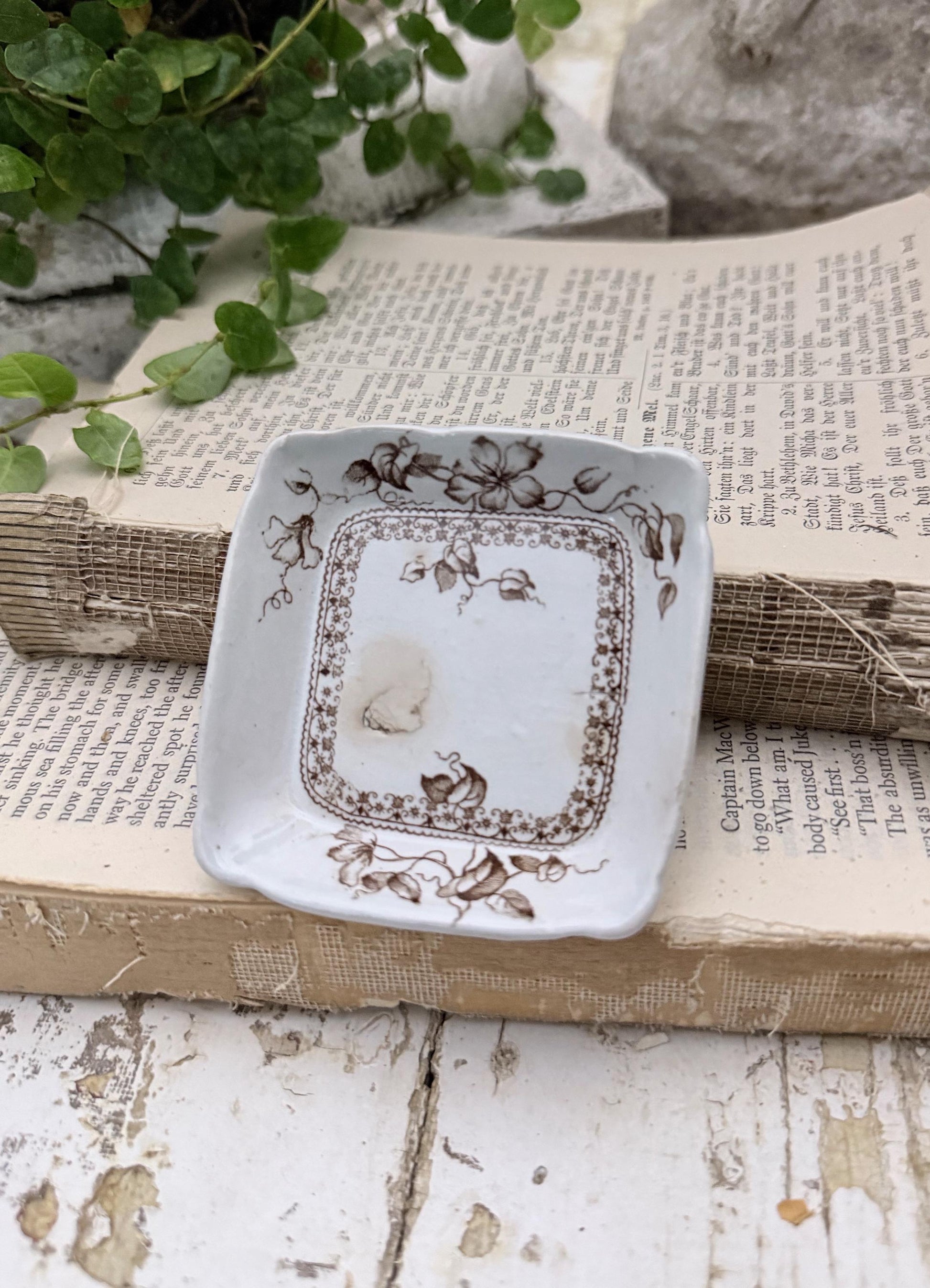 Antique SQUARE White Ironstone Butter Pat BROWN Transferware Floral Farmhouse Decor KENT