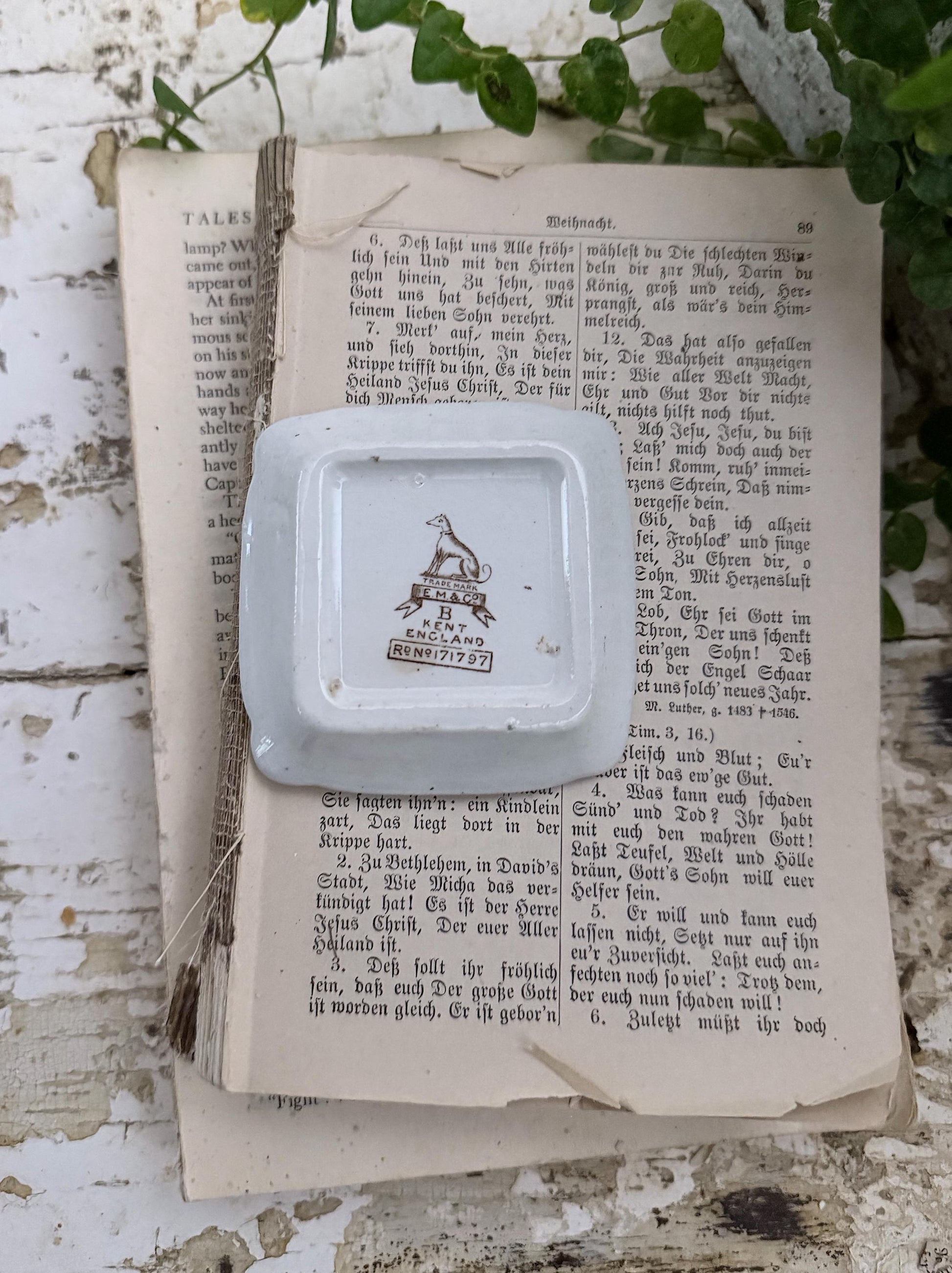 Antique SQUARE White Ironstone Butter Pat BROWN Transferware Floral Farmhouse Decor KENT