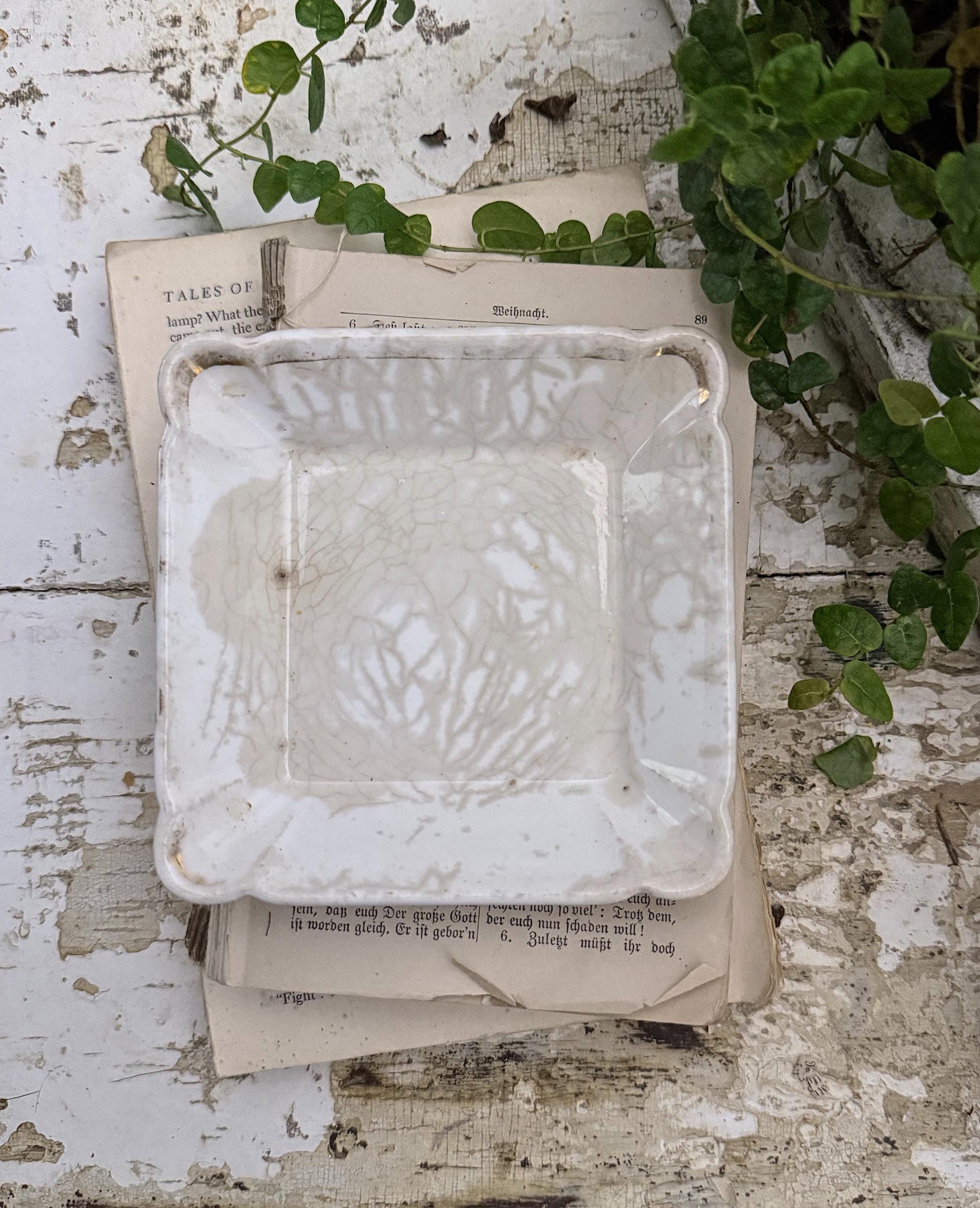 Antique White Ironstone Square PLATE Soap Side Dish Farmhouse Decor Crazed Stained LARGE