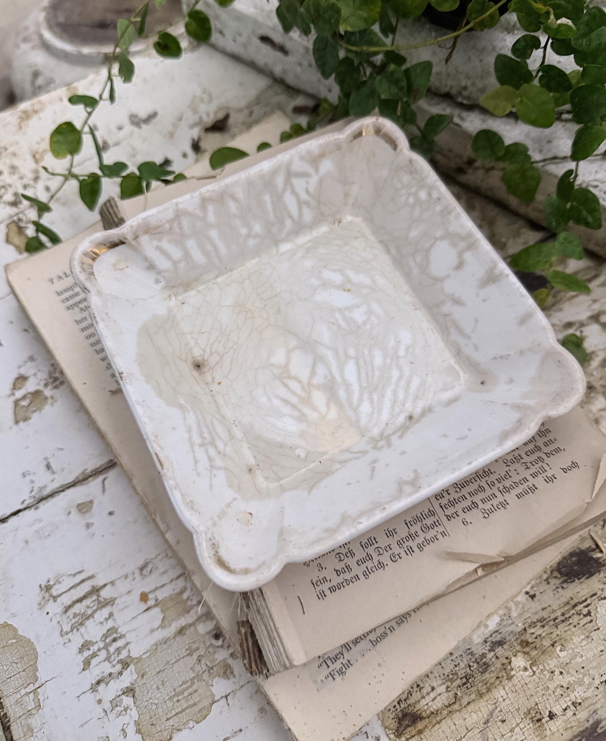 Antique White Ironstone Square PLATE Soap Side Dish Farmhouse Decor Crazed Stained LARGE