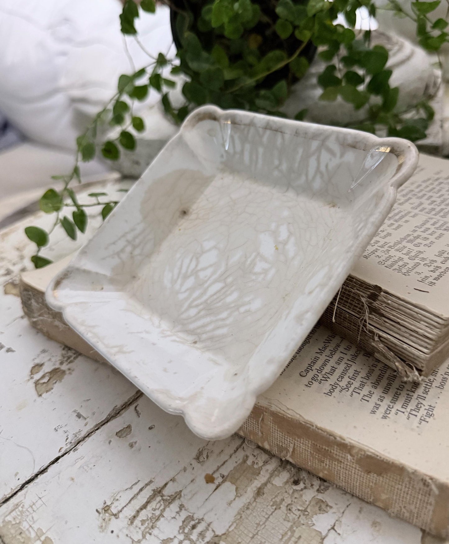 Antique White Ironstone Square PLATE Soap Side Dish Farmhouse Decor Crazed Stained LARGE