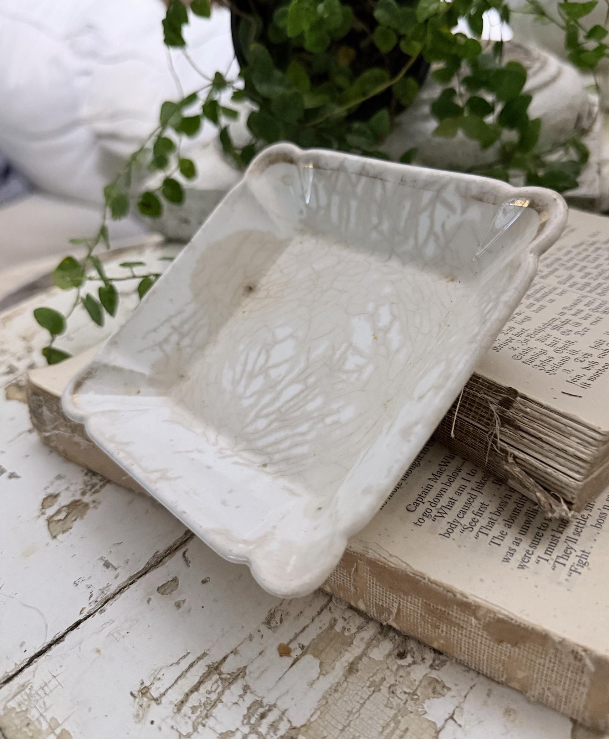 Antique White Ironstone Square PLATE Soap Side Dish Farmhouse Decor Crazed Stained LARGE