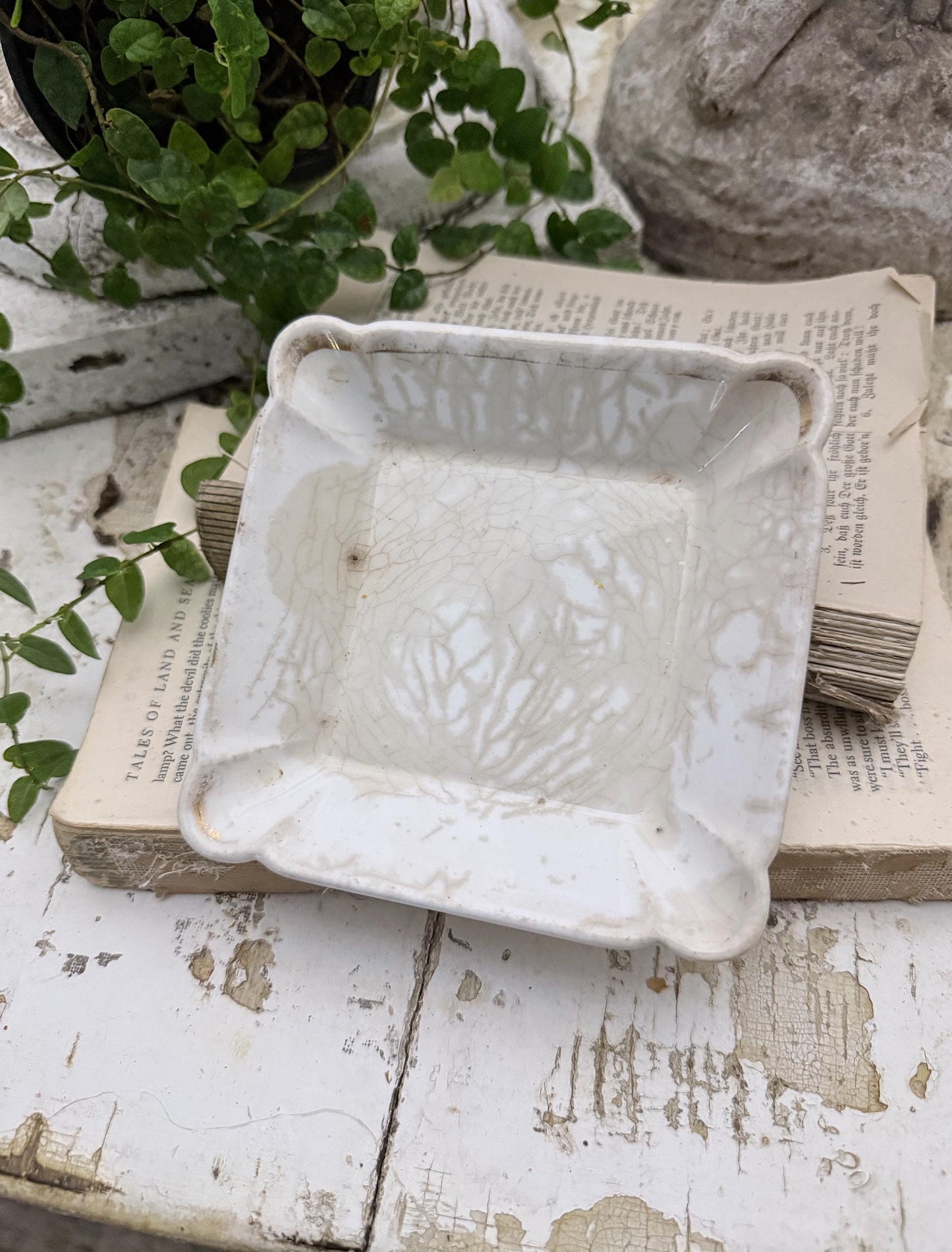 Antique White Ironstone Square PLATE Soap Side Dish Farmhouse Decor Crazed Stained LARGE