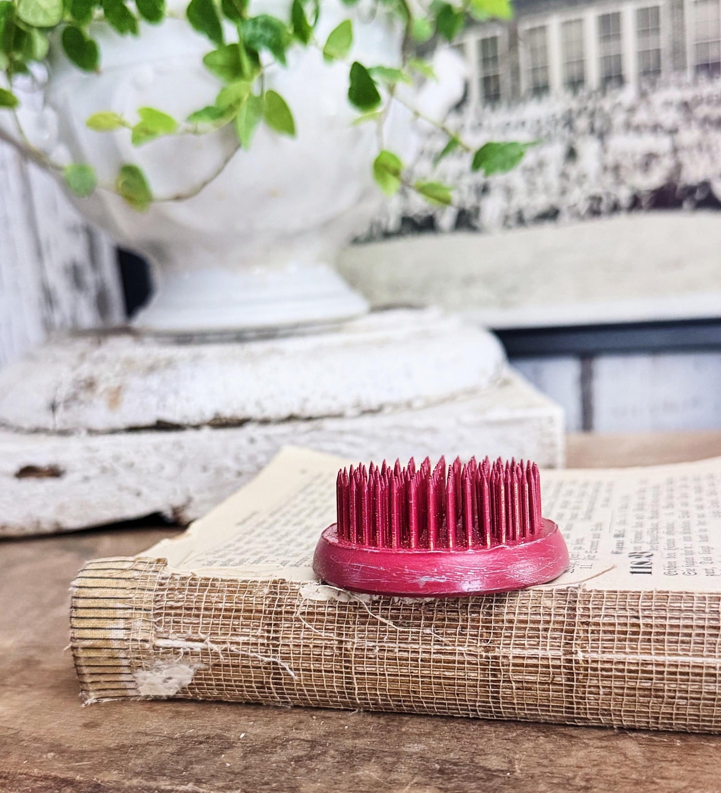 Vintage RED Metal Floral Frog ROUND Antique Flower Garden Display Farmhouse VALENTINE Decor Industrial Salvage Americana