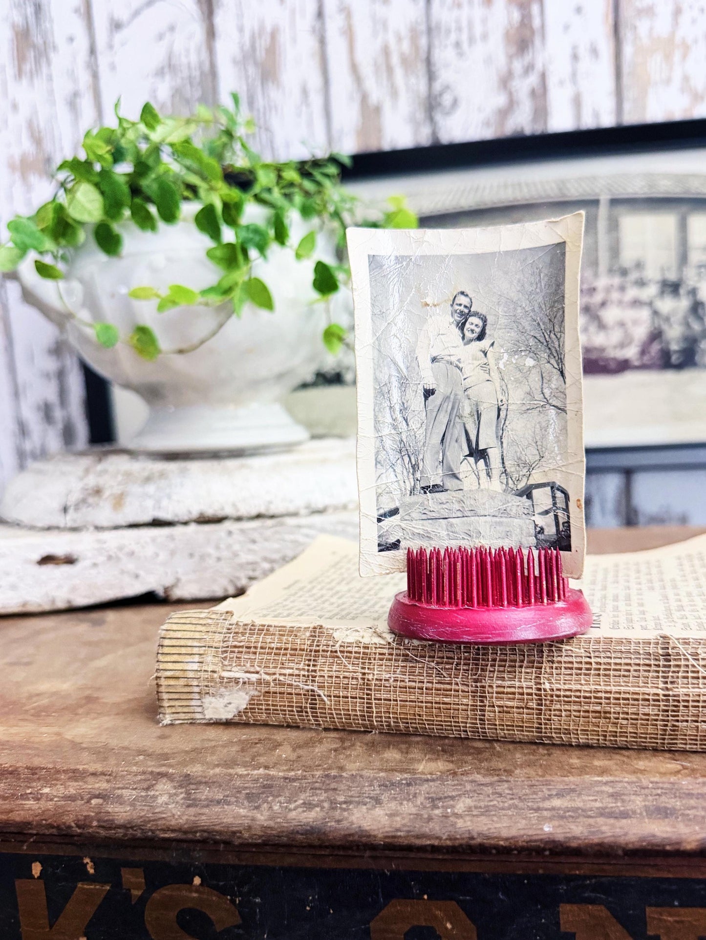 Vintage RED Metal Floral Frog ROUND Antique Flower Garden Display Farmhouse VALENTINE Decor Industrial Salvage Americana