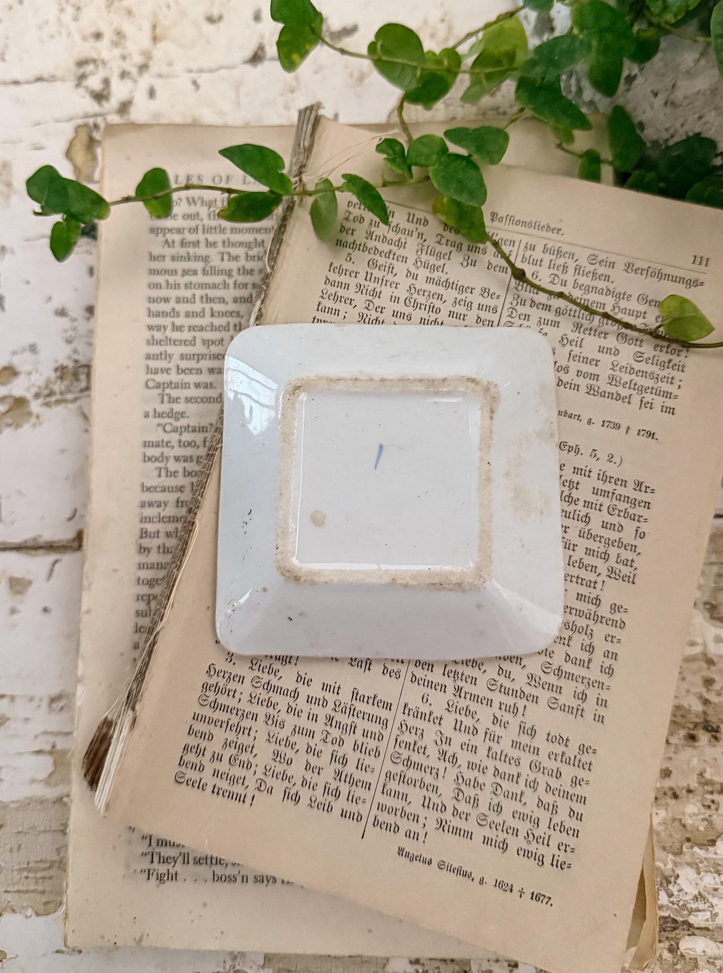 Antique SQUARE White Ironstone Butter Pat Transferware Floral Farmhouse Decor Crazed Stained