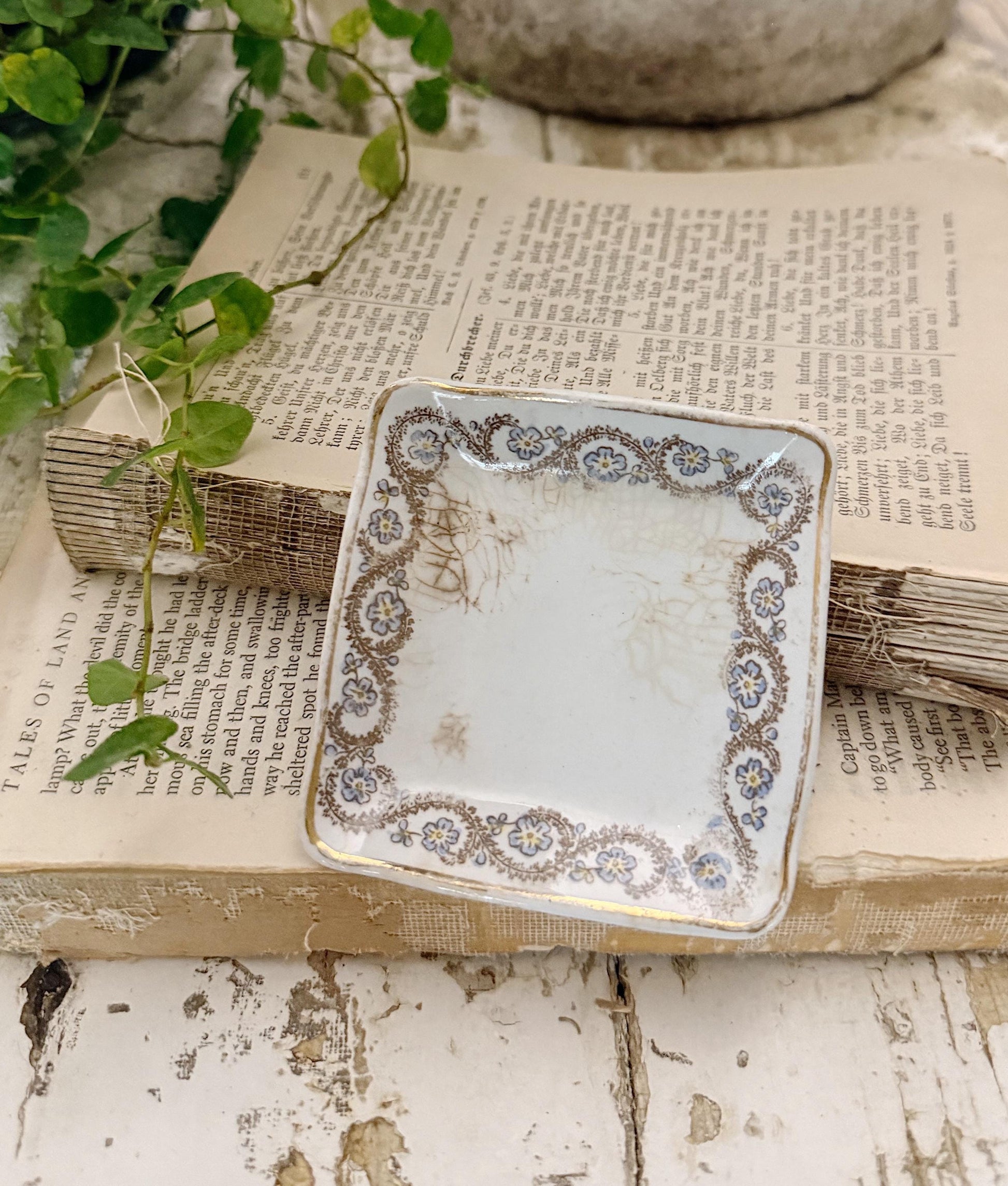 Antique SQUARE White Ironstone Butter Pat Transferware Floral Farmhouse Decor Crazed Stained